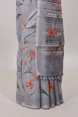 Grey printed blouse linen cotton saree