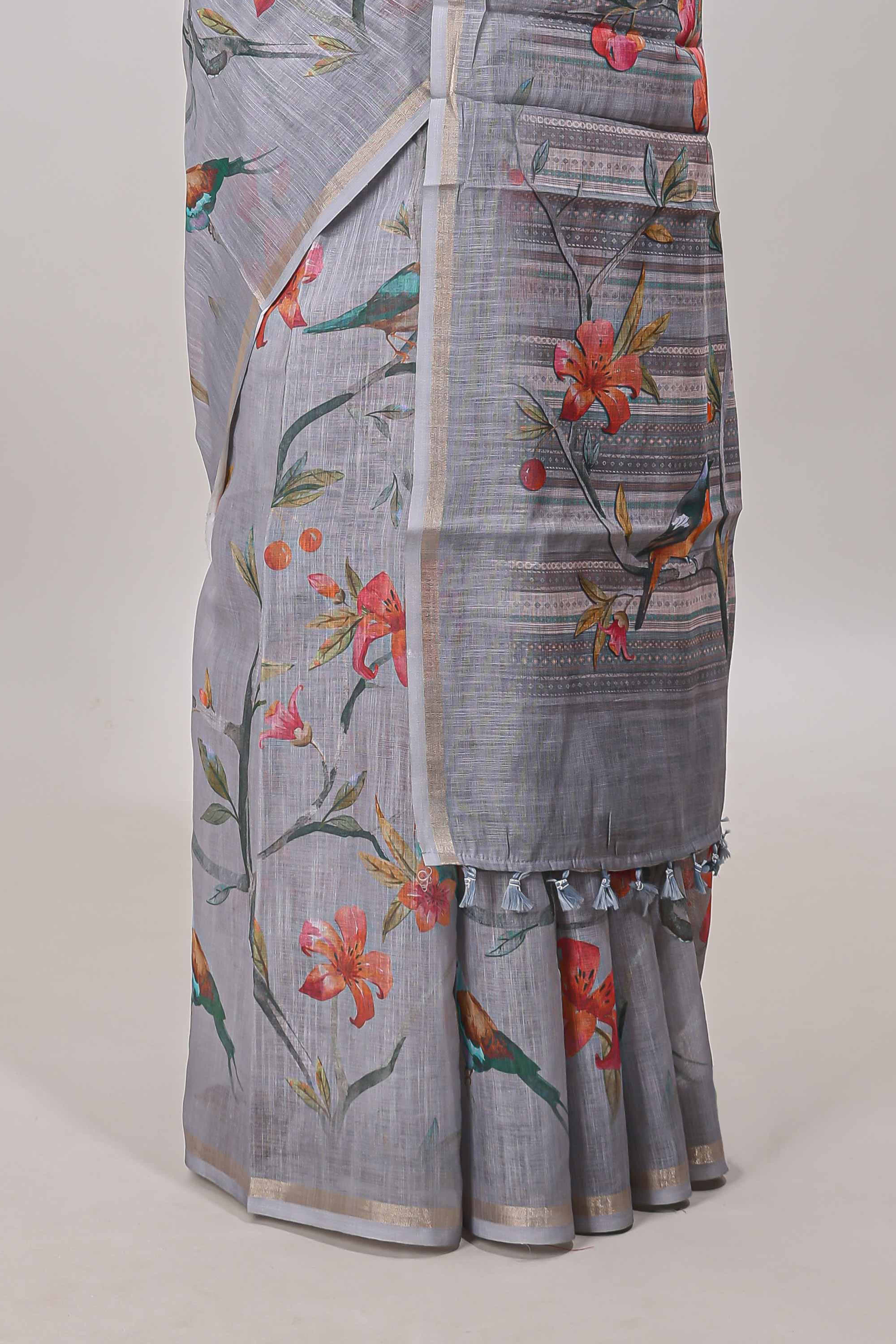 Grey printed blouse linen cotton saree