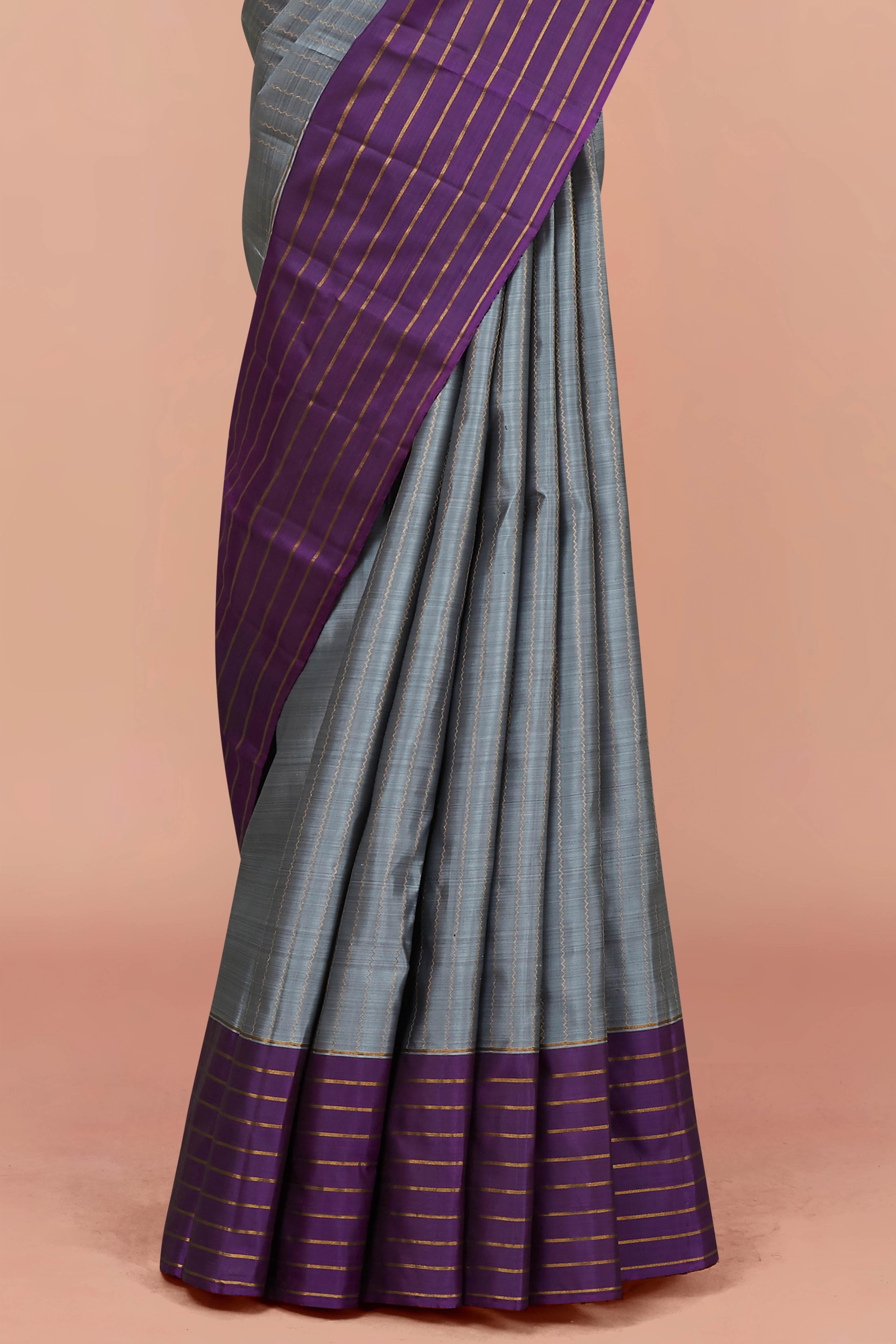 Grey purple bordered silk saree