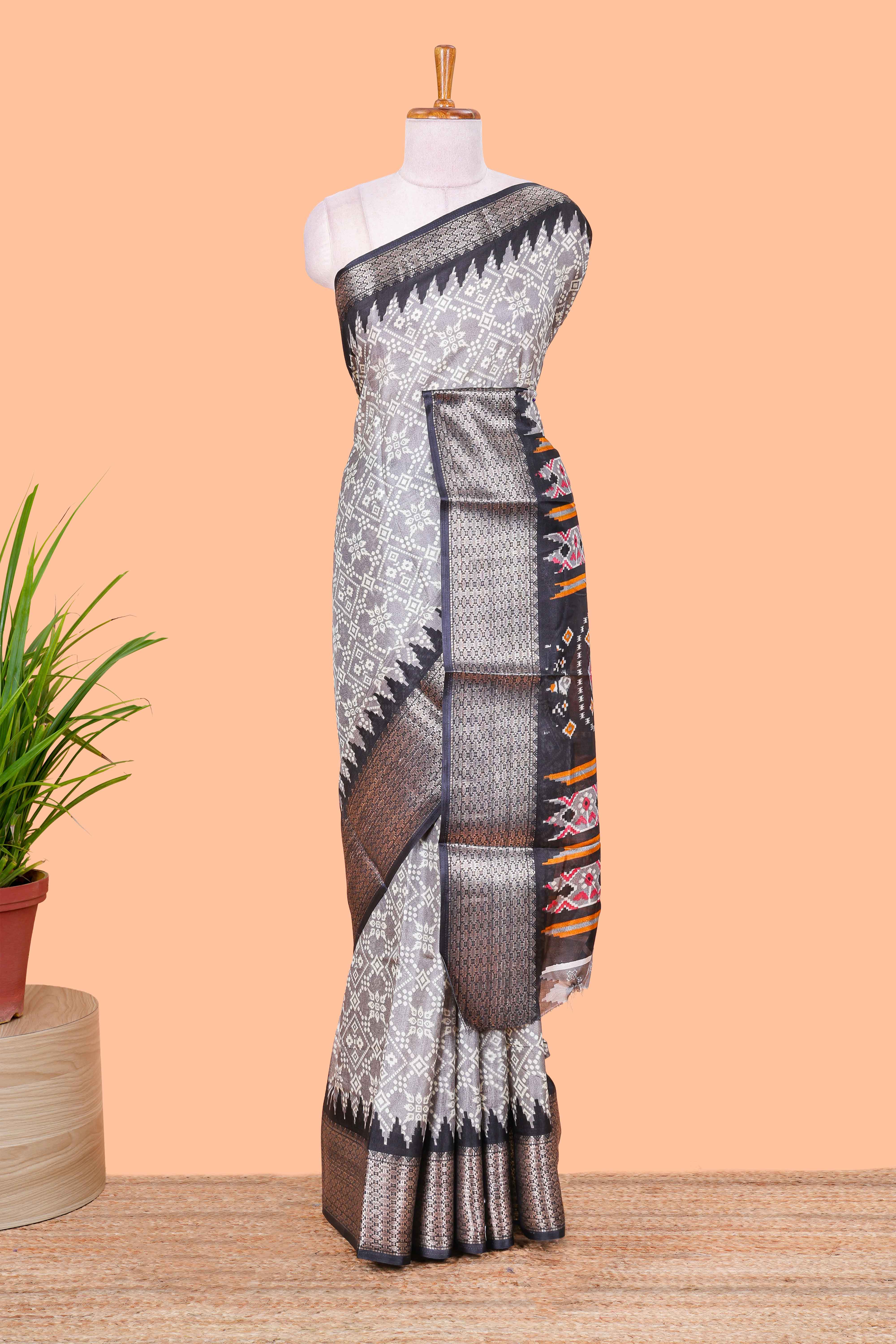 Grey semi dola printed saree
