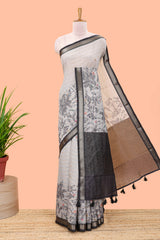 Grey striped chanderi cotton saree with forest theme print and zari stripe pallu