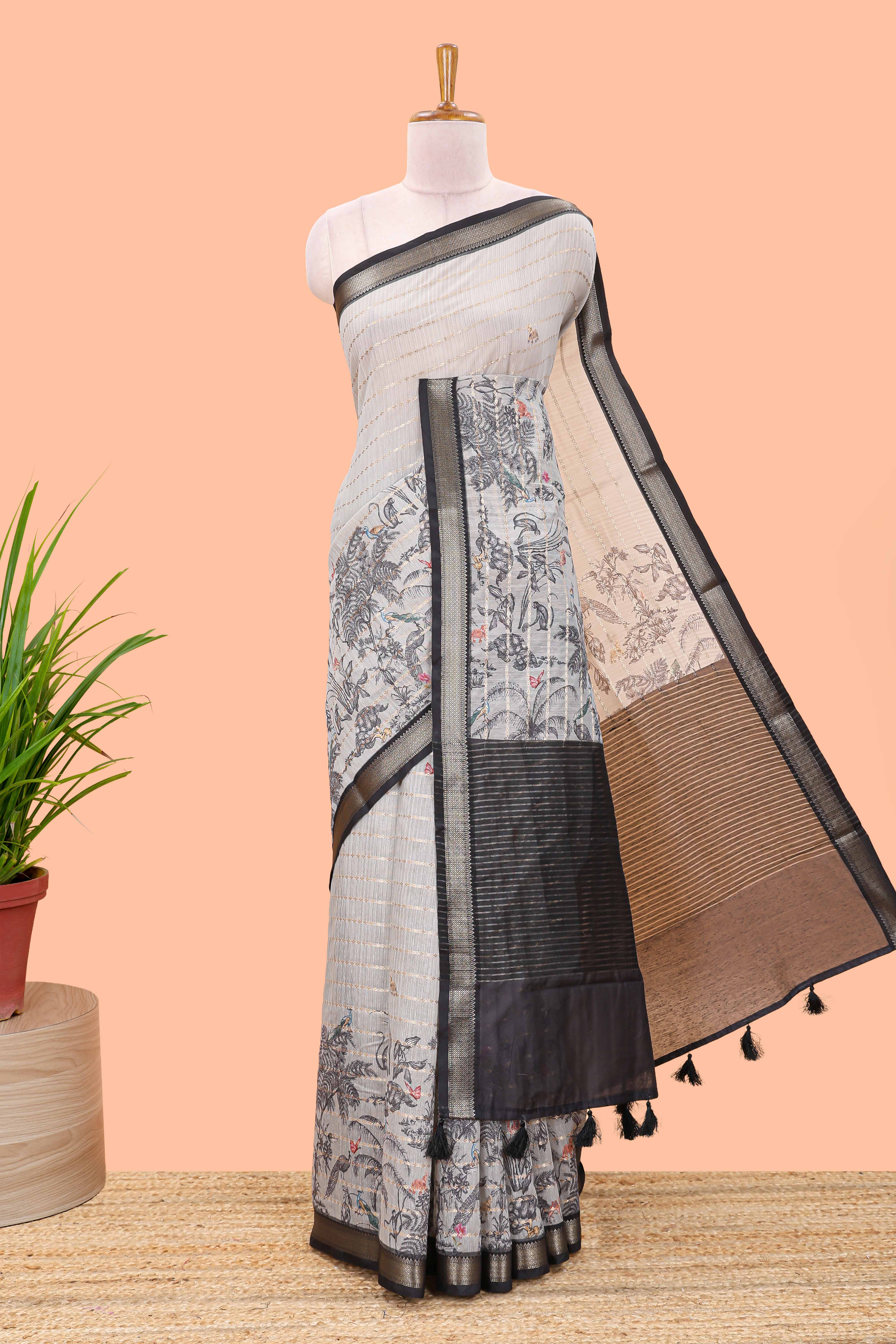 Grey striped chanderi cotton saree with forest theme print and zari stripe pallu