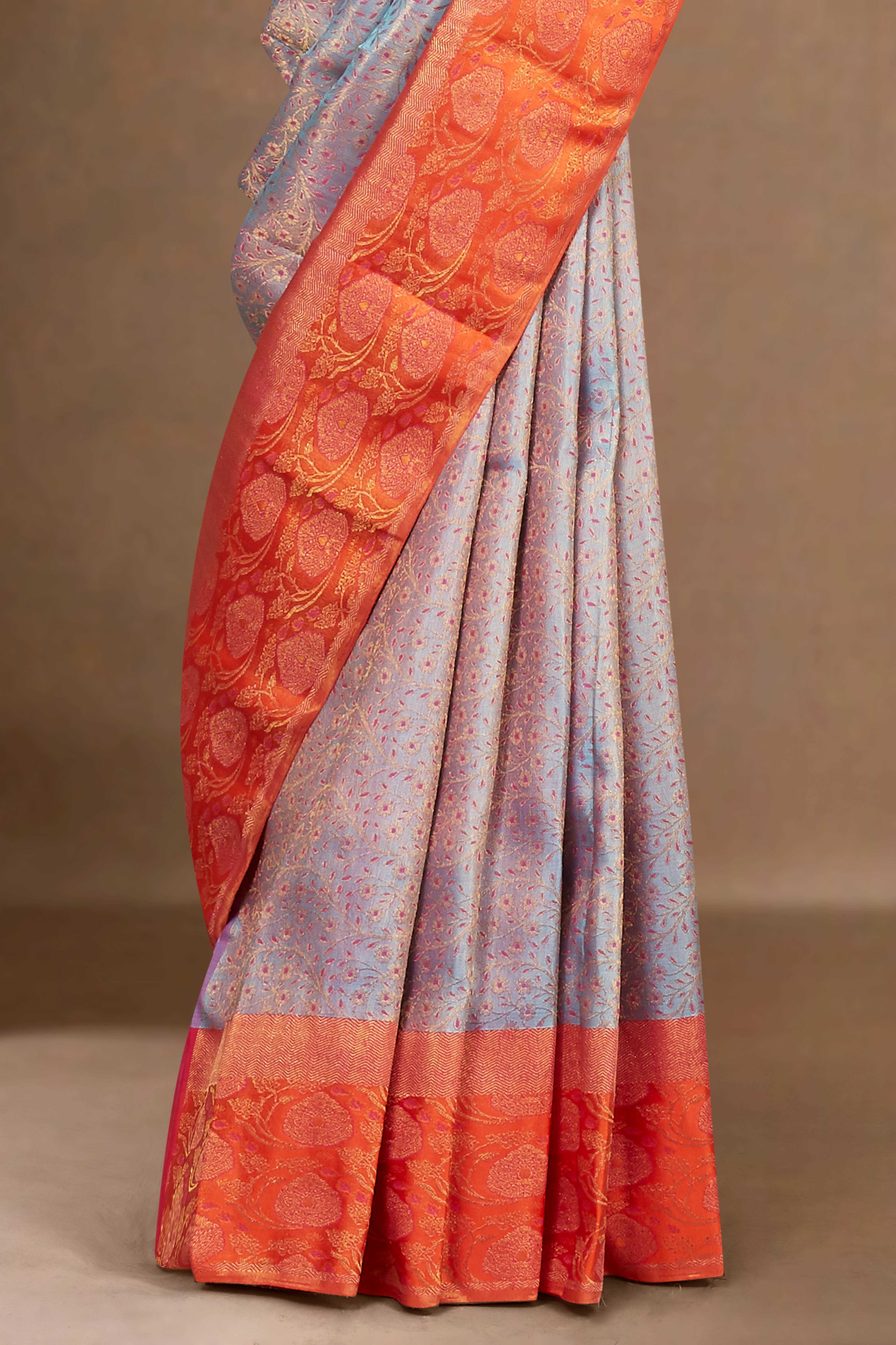 Grey zari bordered silk saree