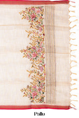Handcrafted embroidered white linen saree