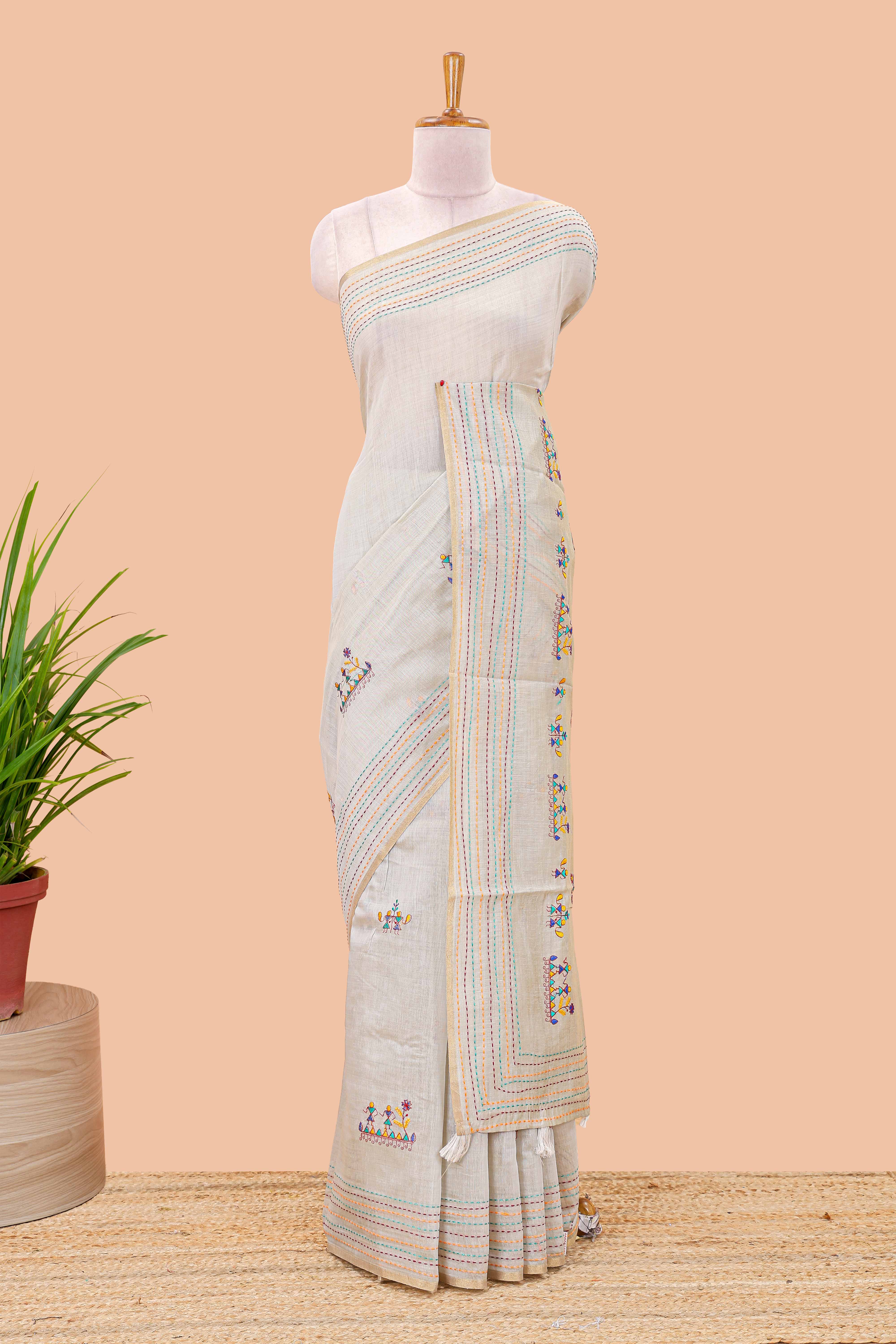 Hash grey chanderi cotton saree warli style embroidery
