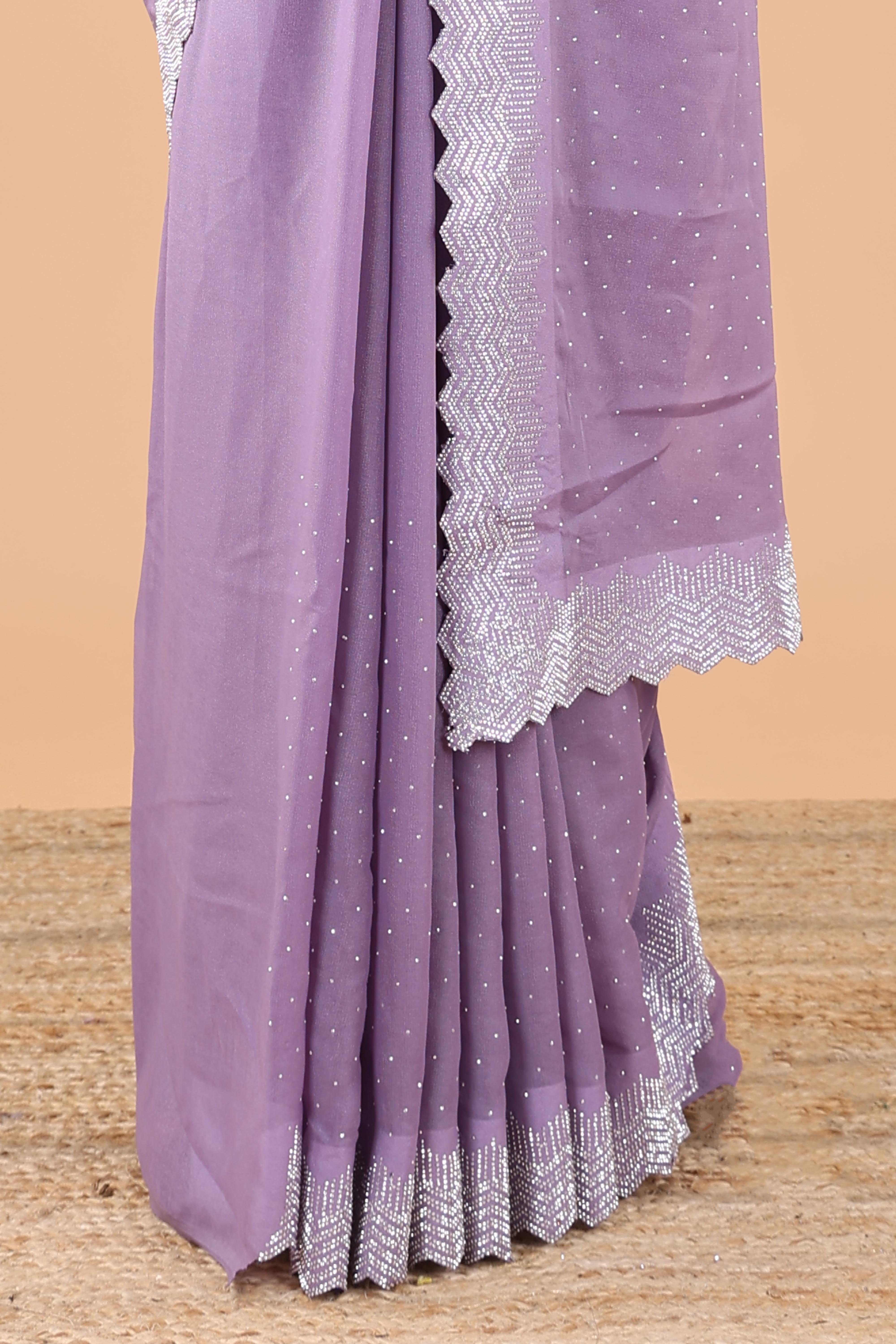 Lavender georgette space silk short pallu saree