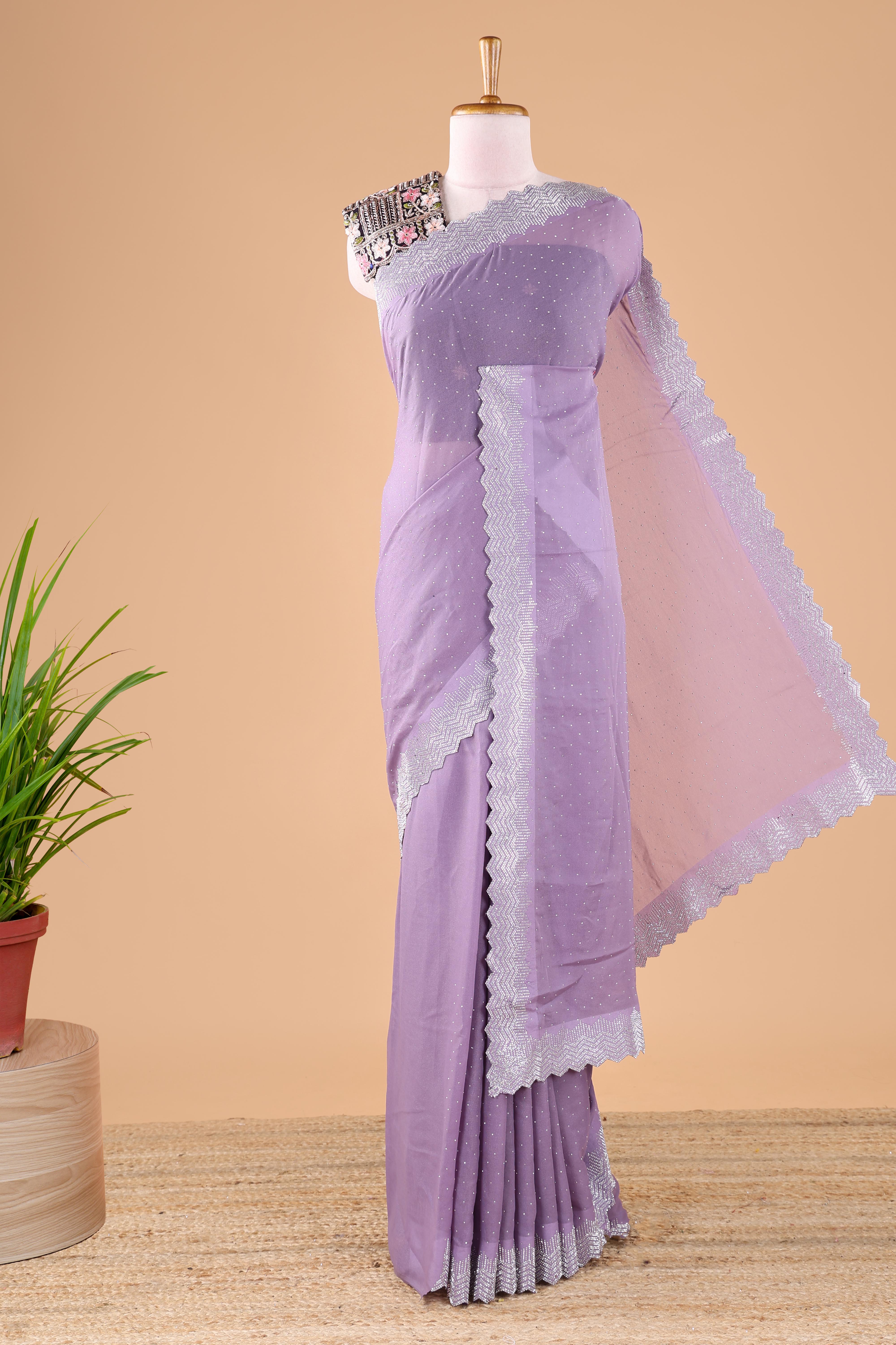 Lavender georgette space silk stone saree