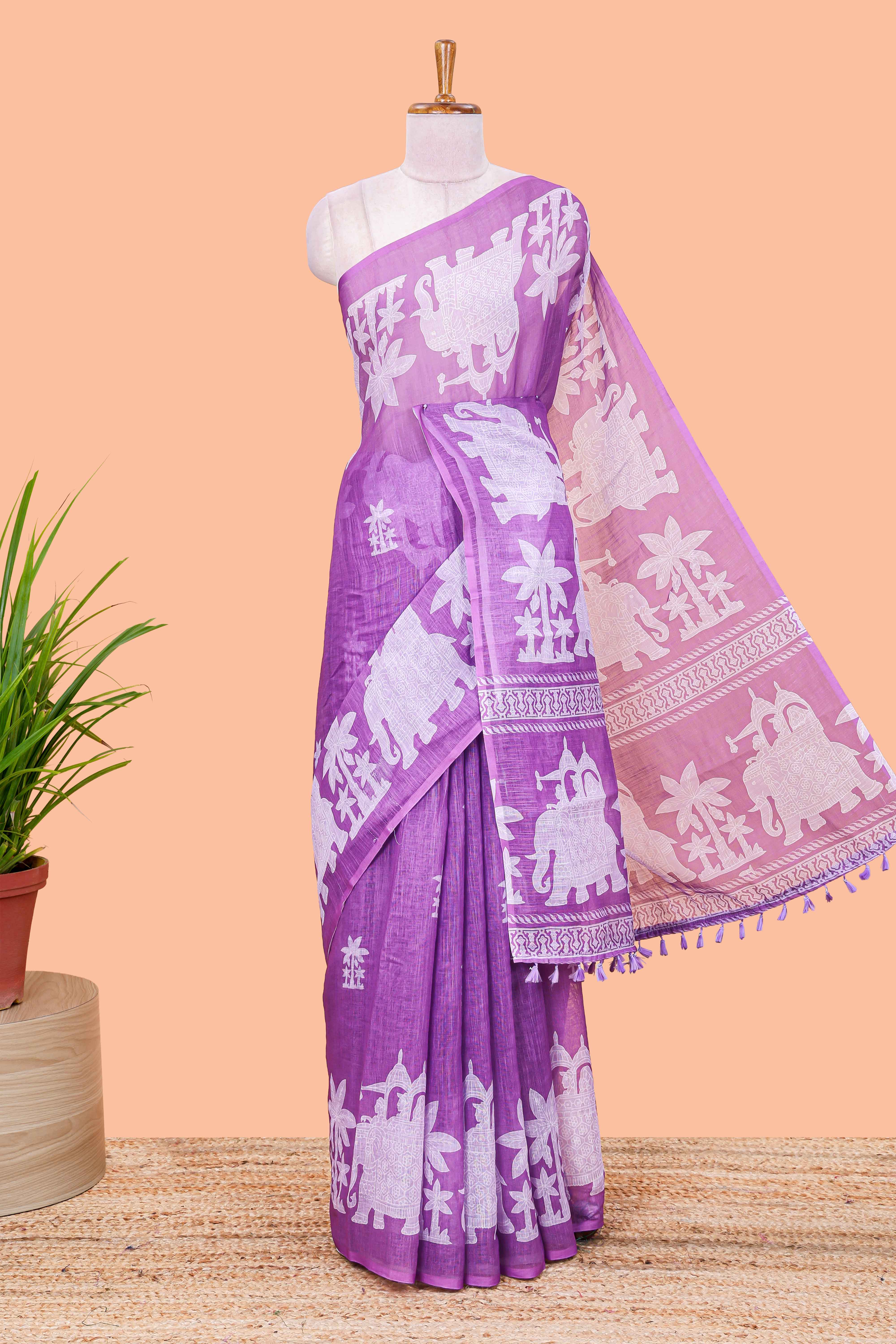 Lavender linen cotton saree with contrast pallu