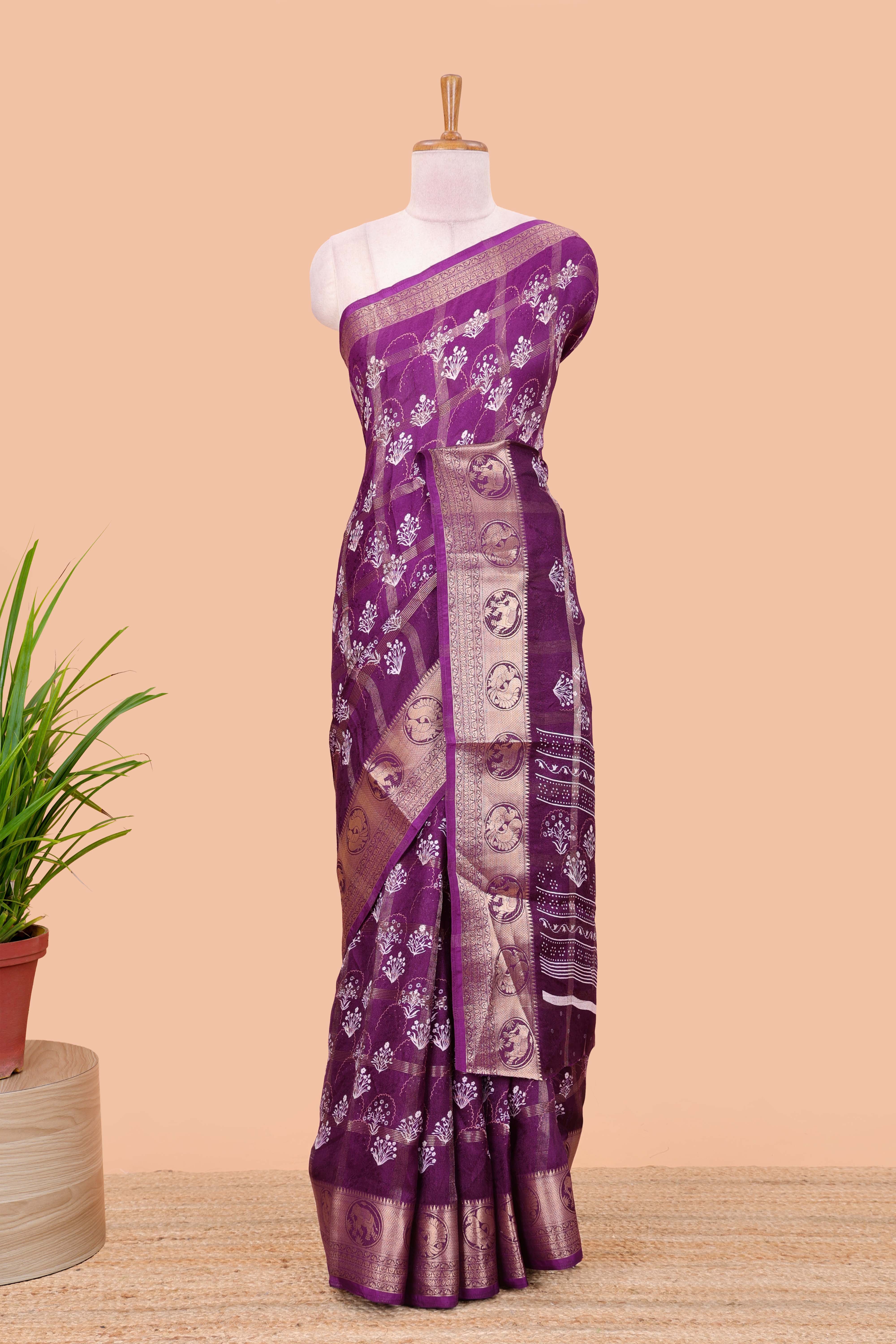 Lavender moss chiffon checked saree