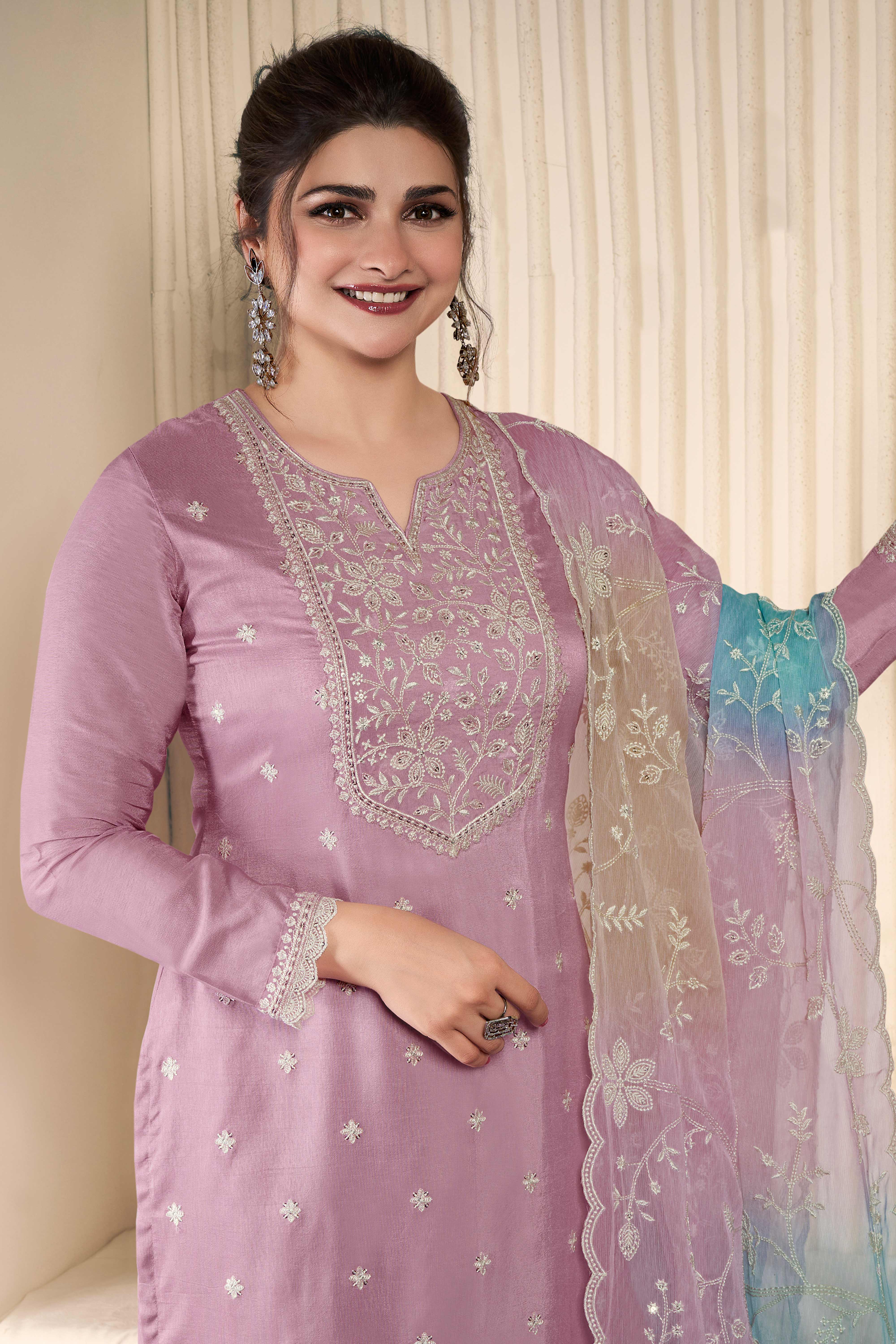 Lavender munga silk thread work dress material