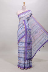 Lavender warli print linen cotton saree