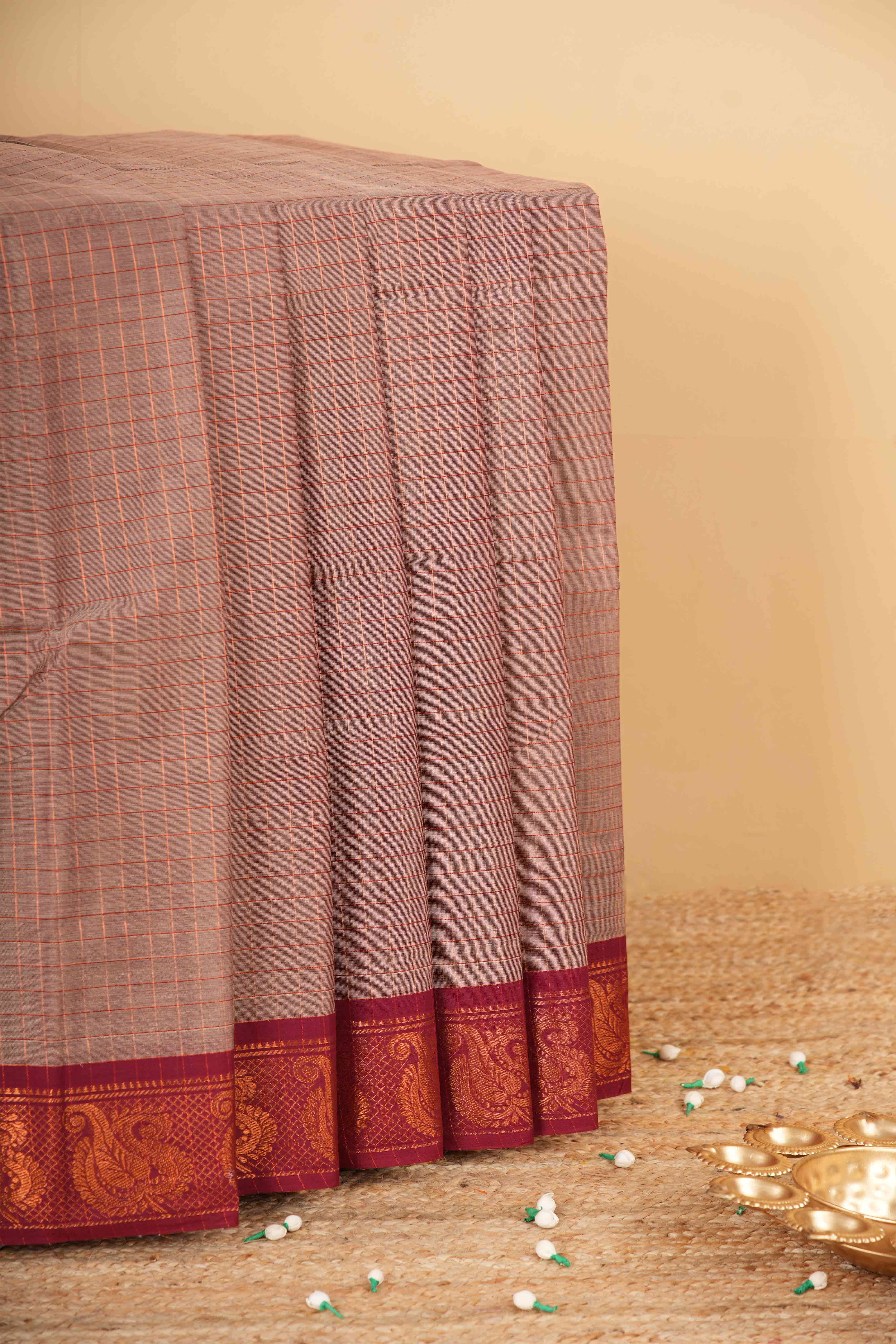 Light brown Chettinad cotton zari checks saree