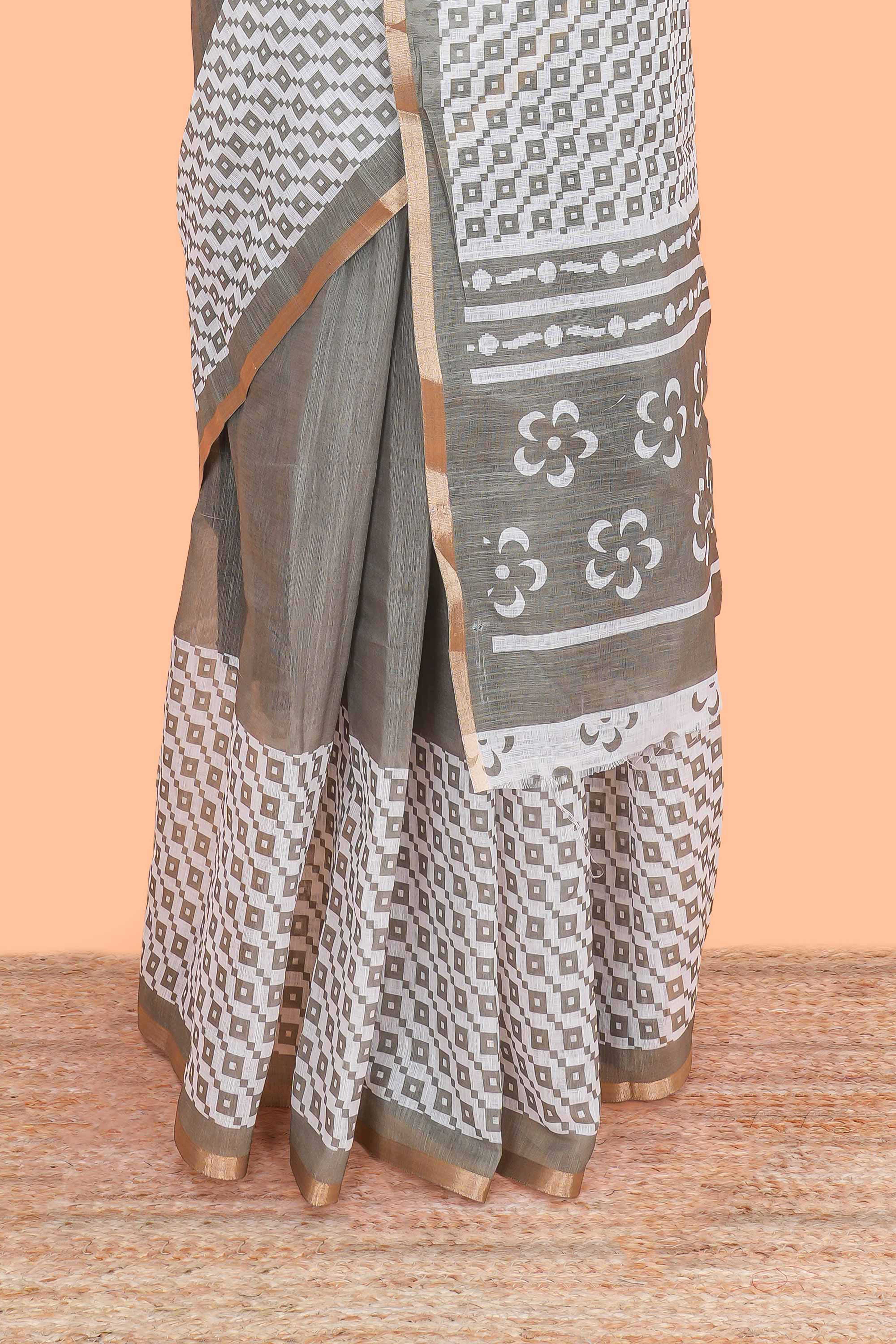 Lightweight grey linen cotton saree