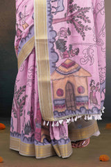 Linen Saree Kalamkari Print With Contrast Zari Border