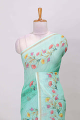 Linen cotton printed green saree