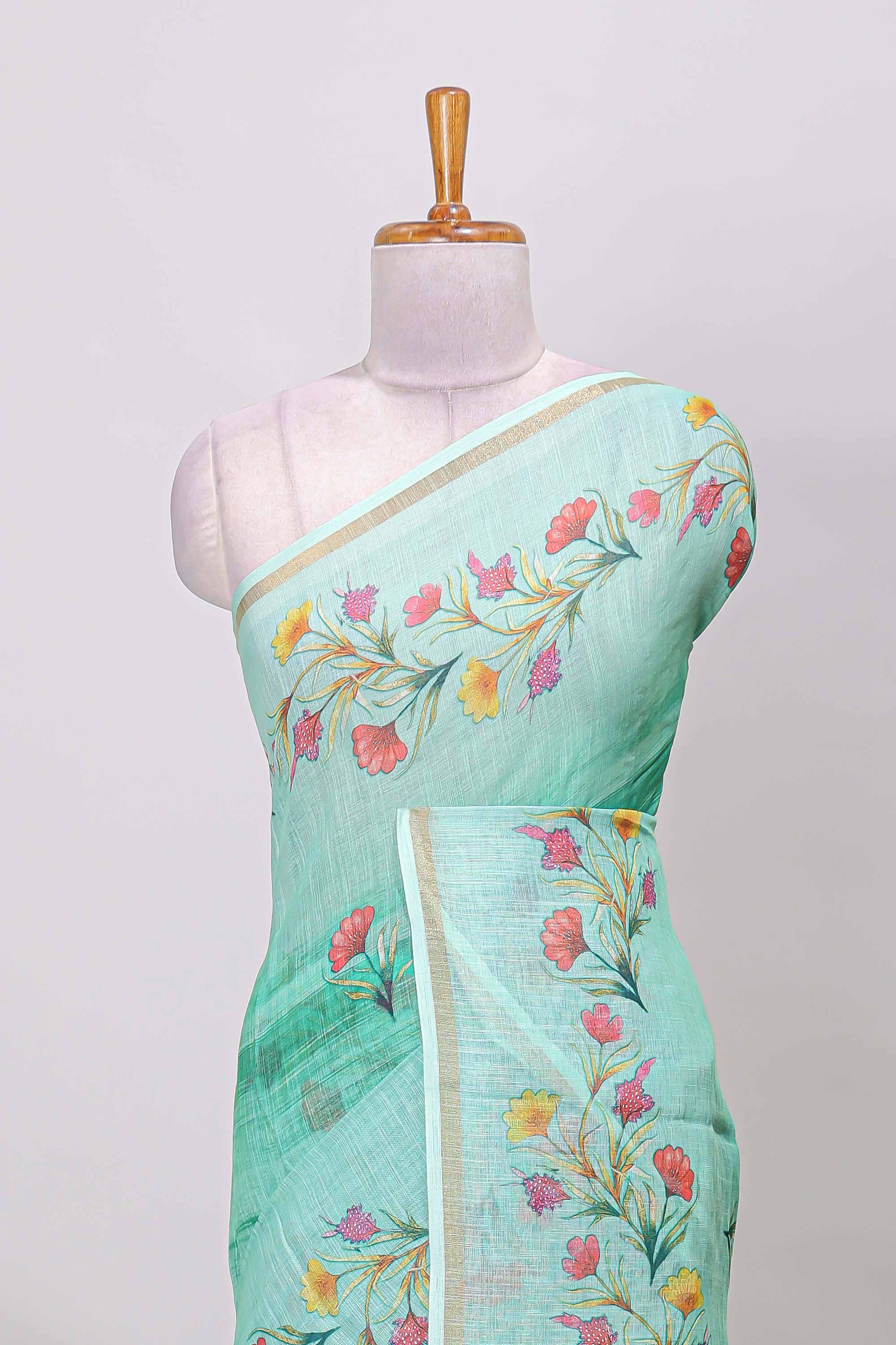 Linen cotton printed green saree