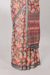 Linen cotton printed grey saree