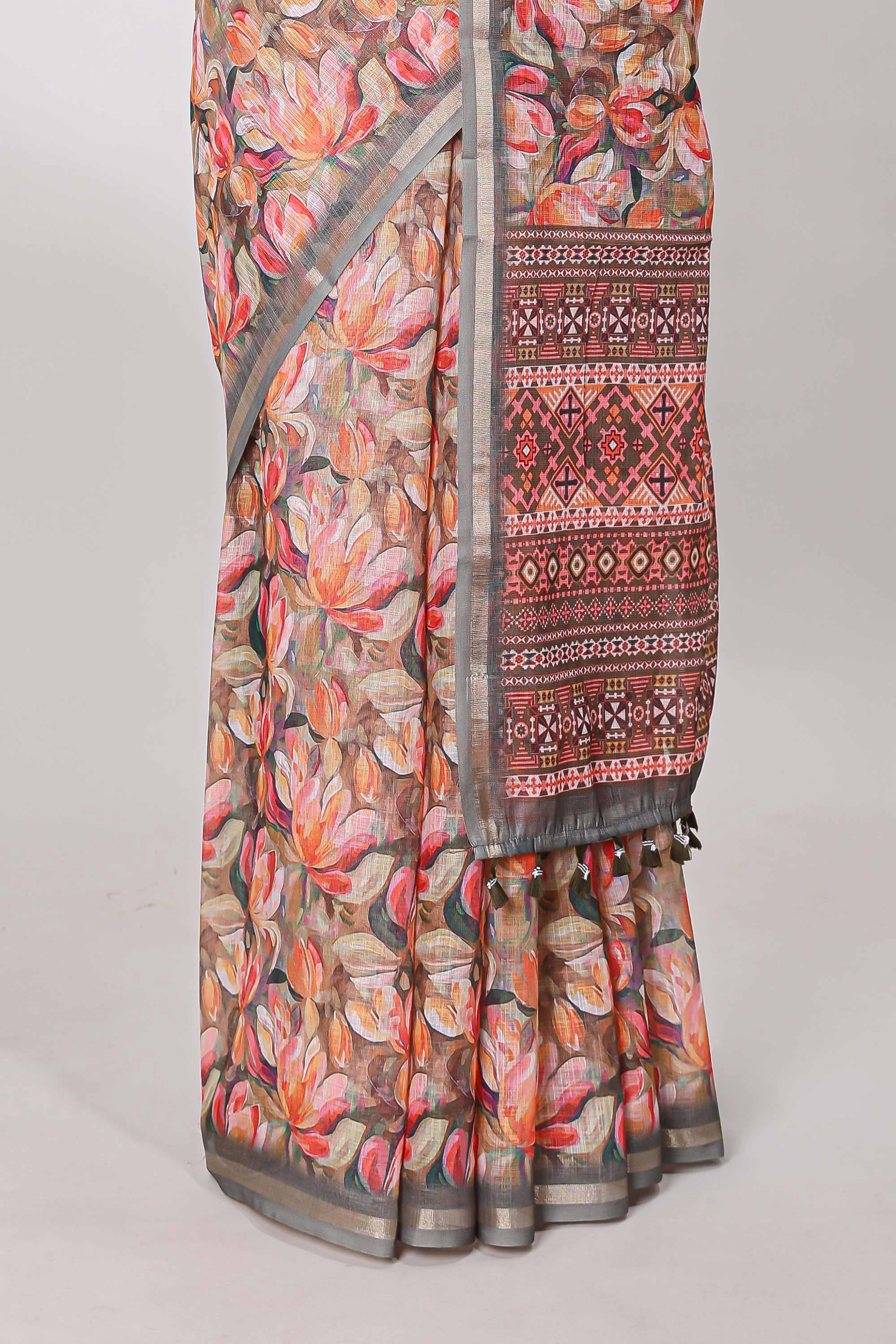 Linen cotton printed grey saree