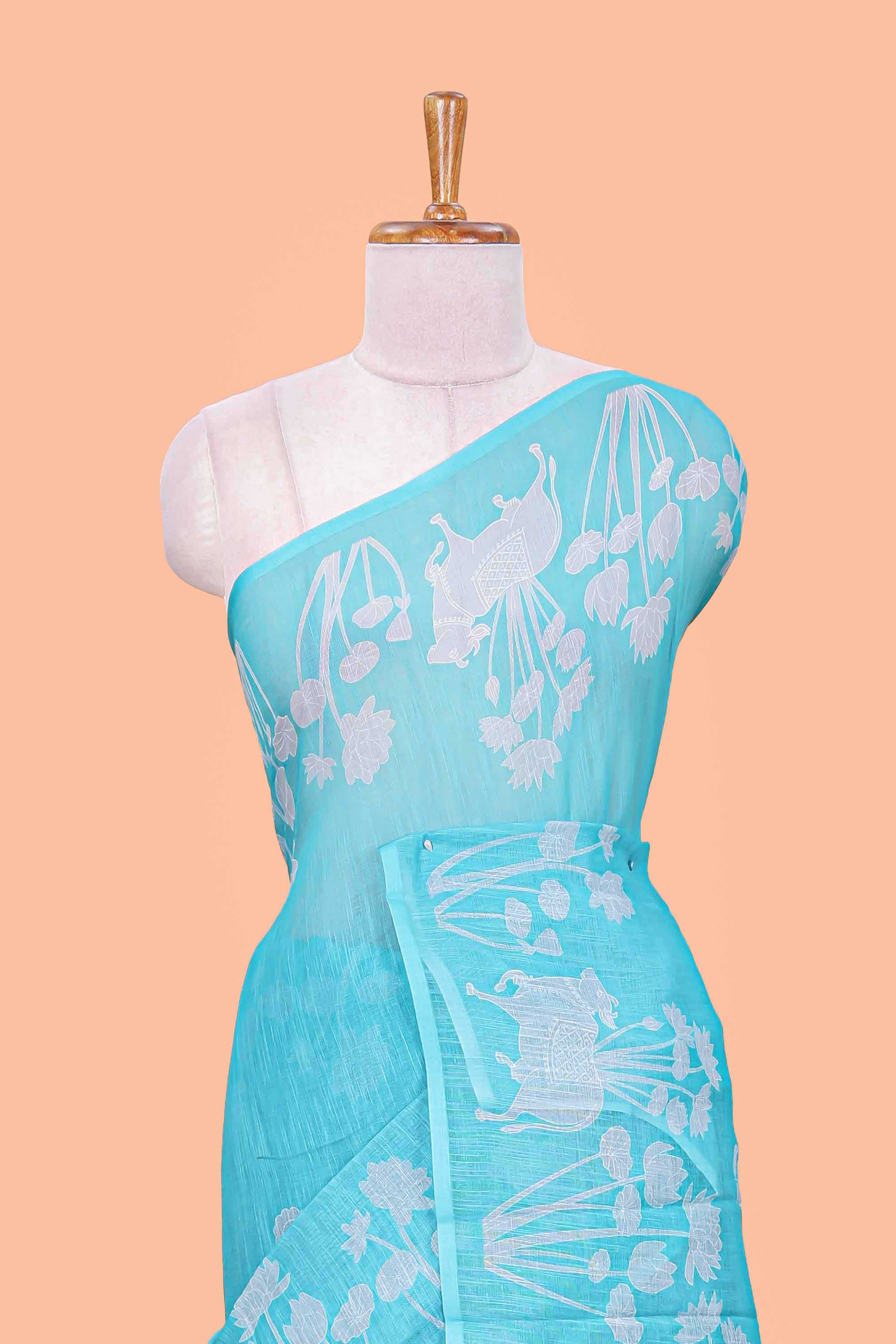 Linen cotton saree in turquoise blue shade