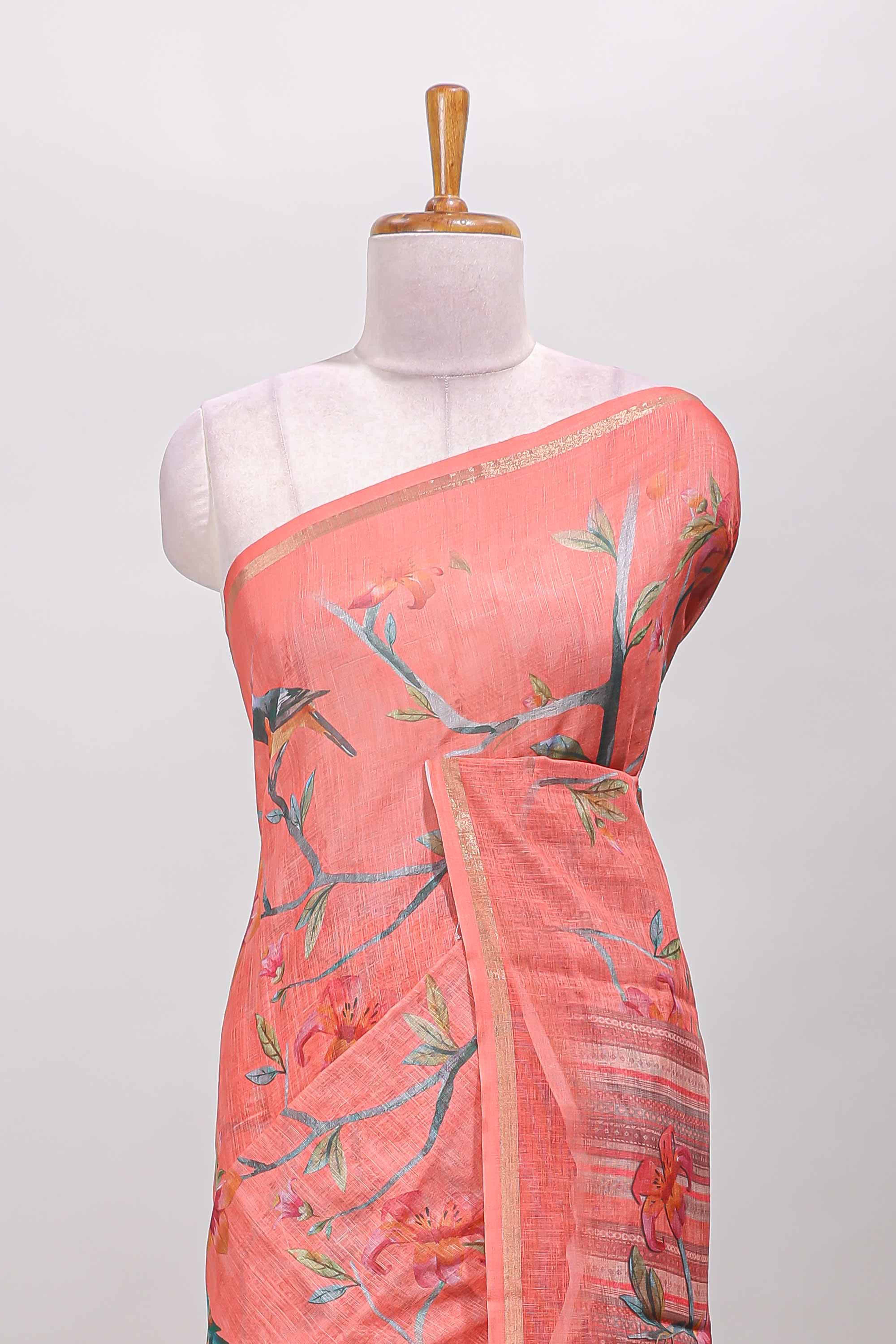 Linen cotton saree with bird floral design