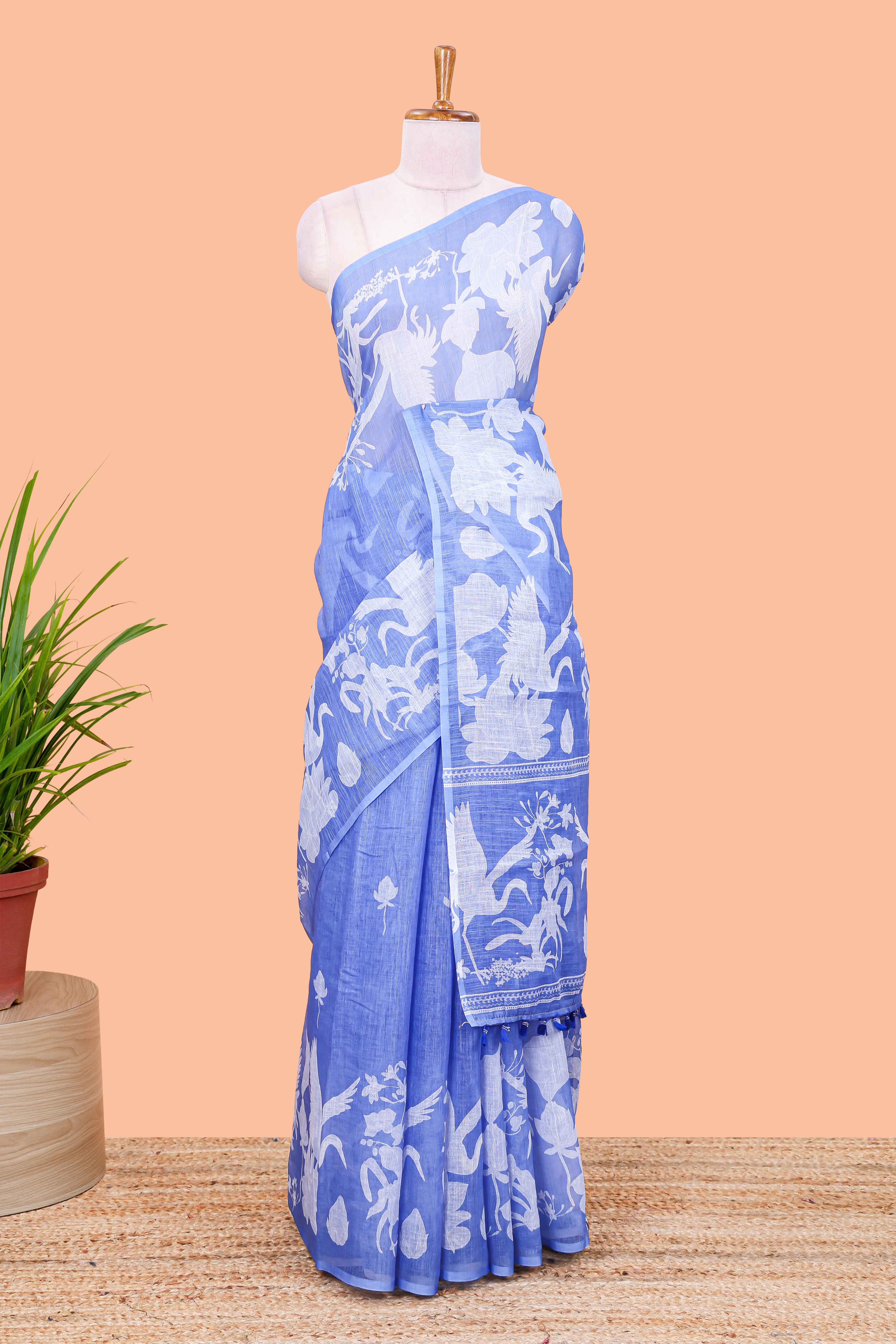 Linen cotton saree with blue floral design