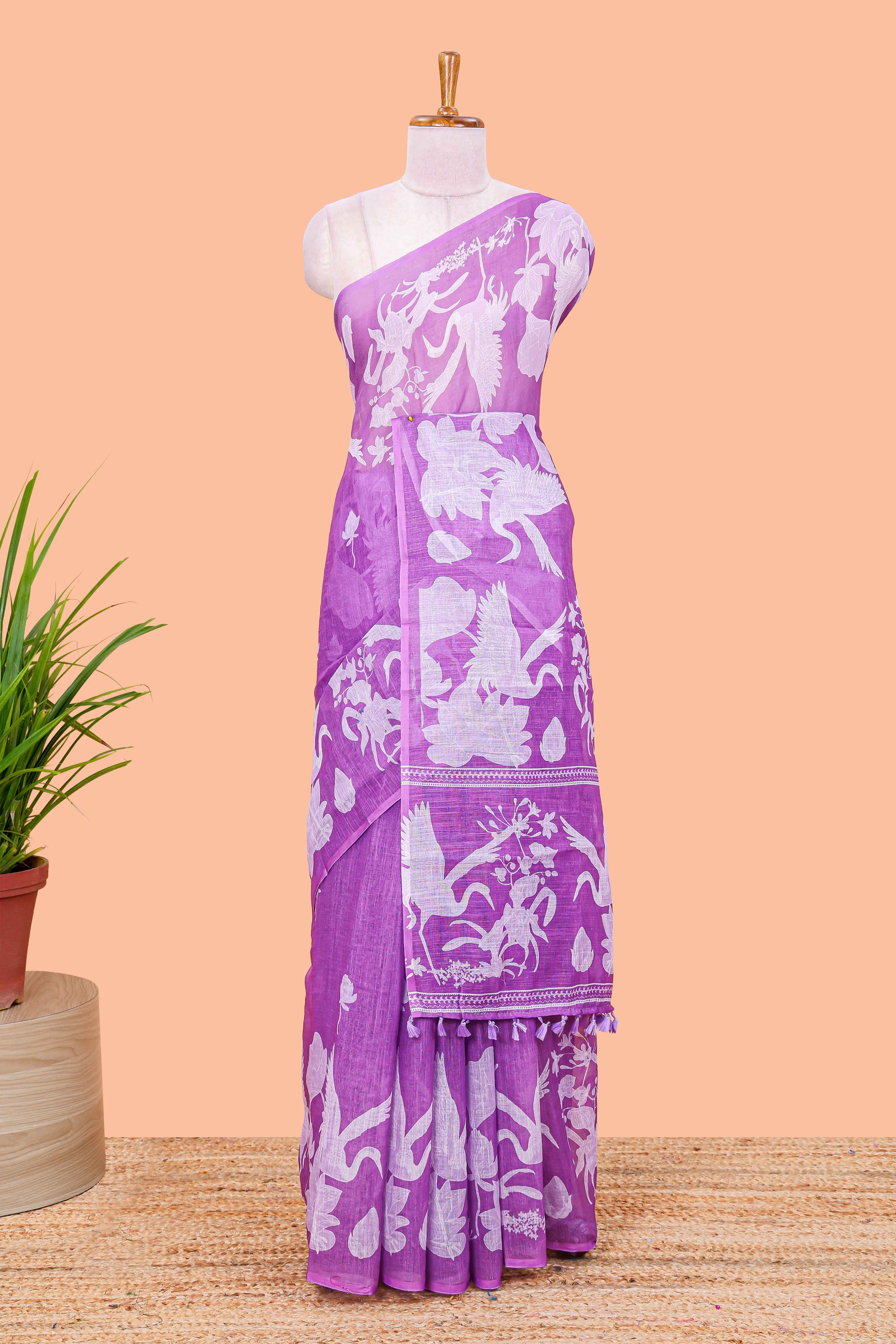 Linen cotton saree with lavender floral design