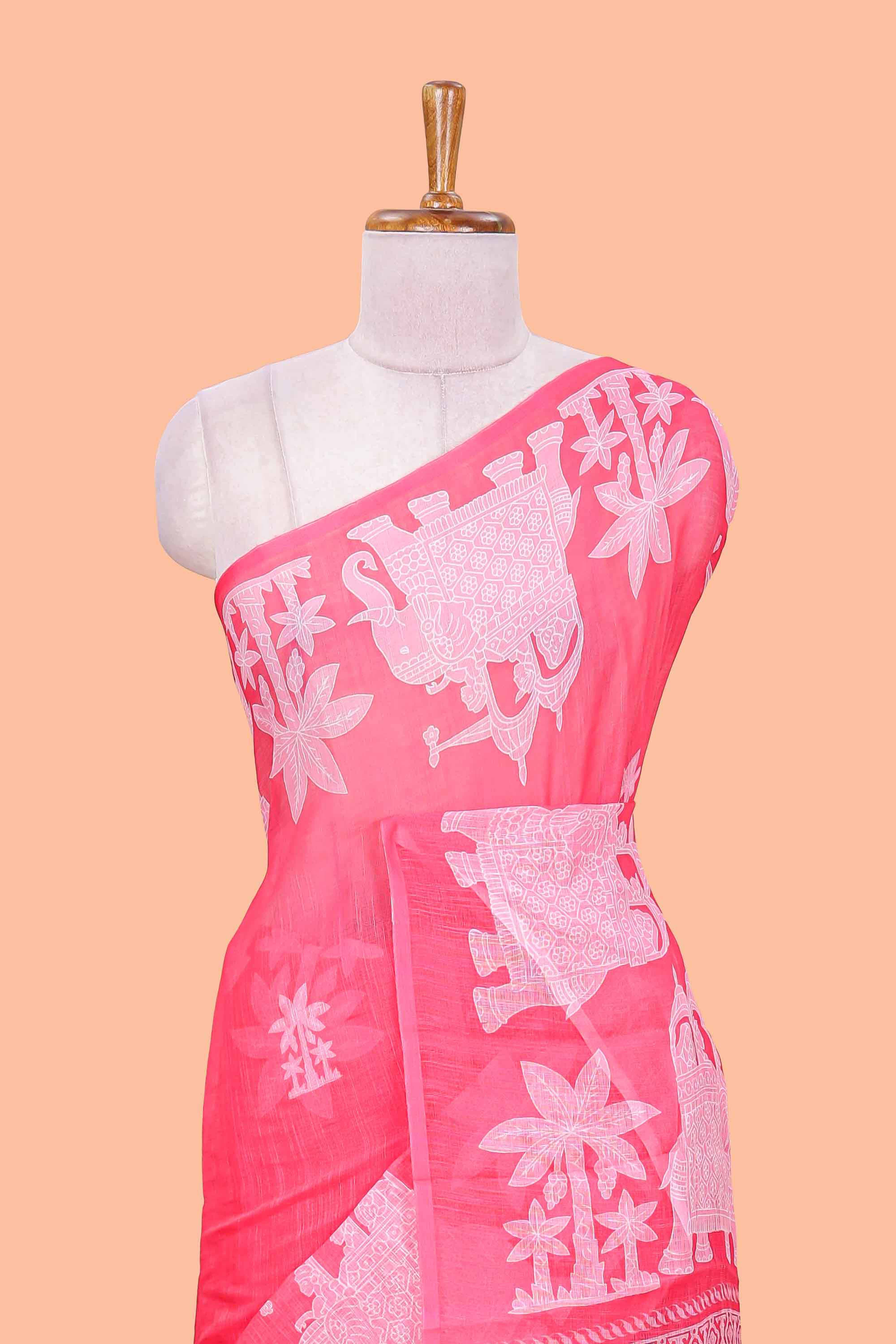 Linen cotton saree with matching printed blouse