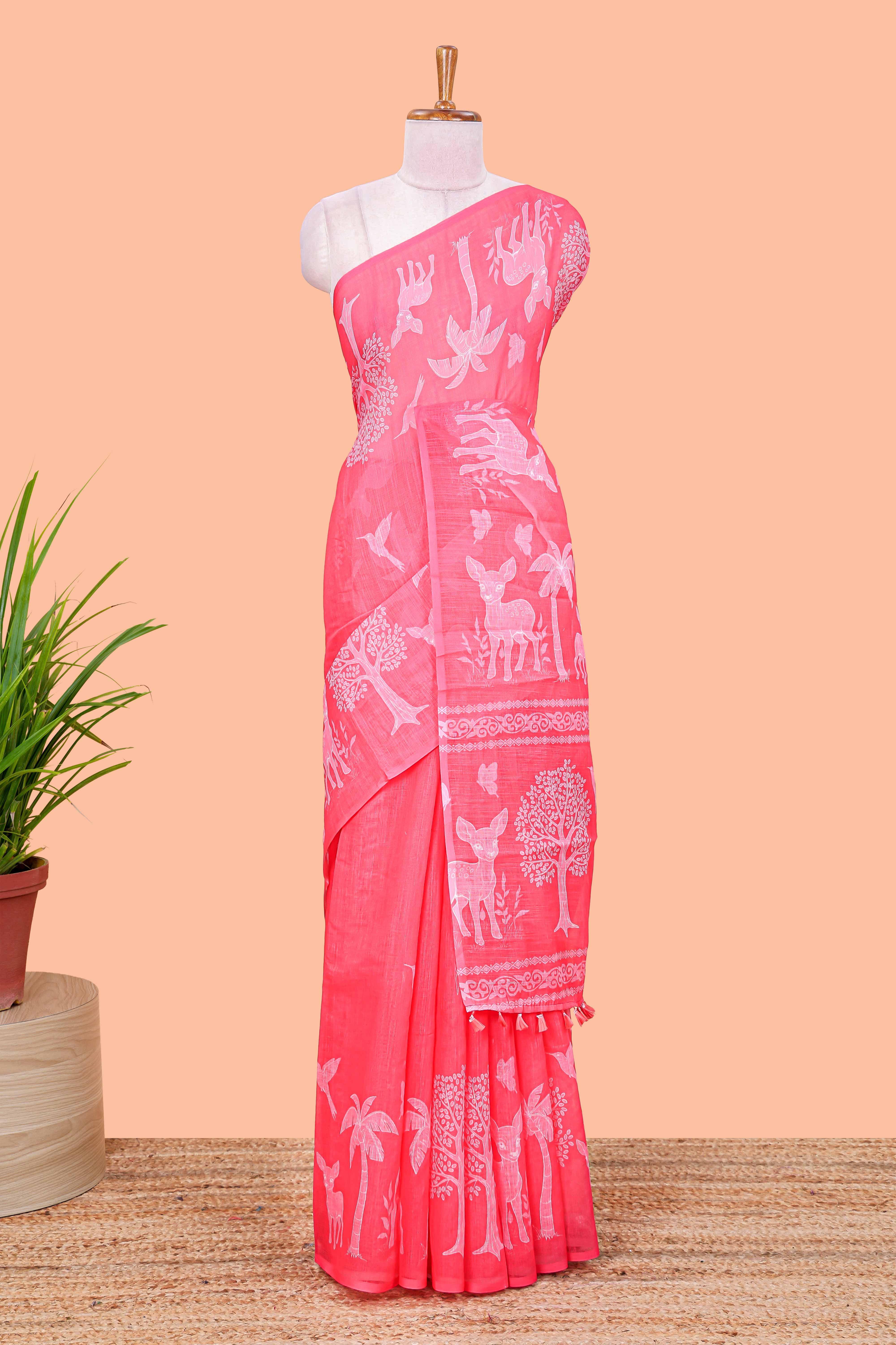 Linen cotton saree with wildlife motif