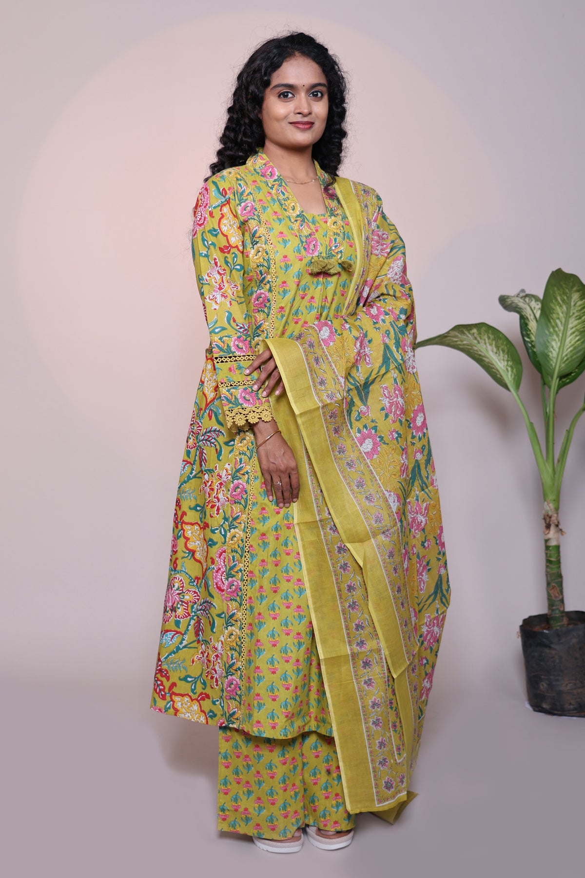 Green floral design 3/4 slevee salwar suit with matching pant and printed dupatta