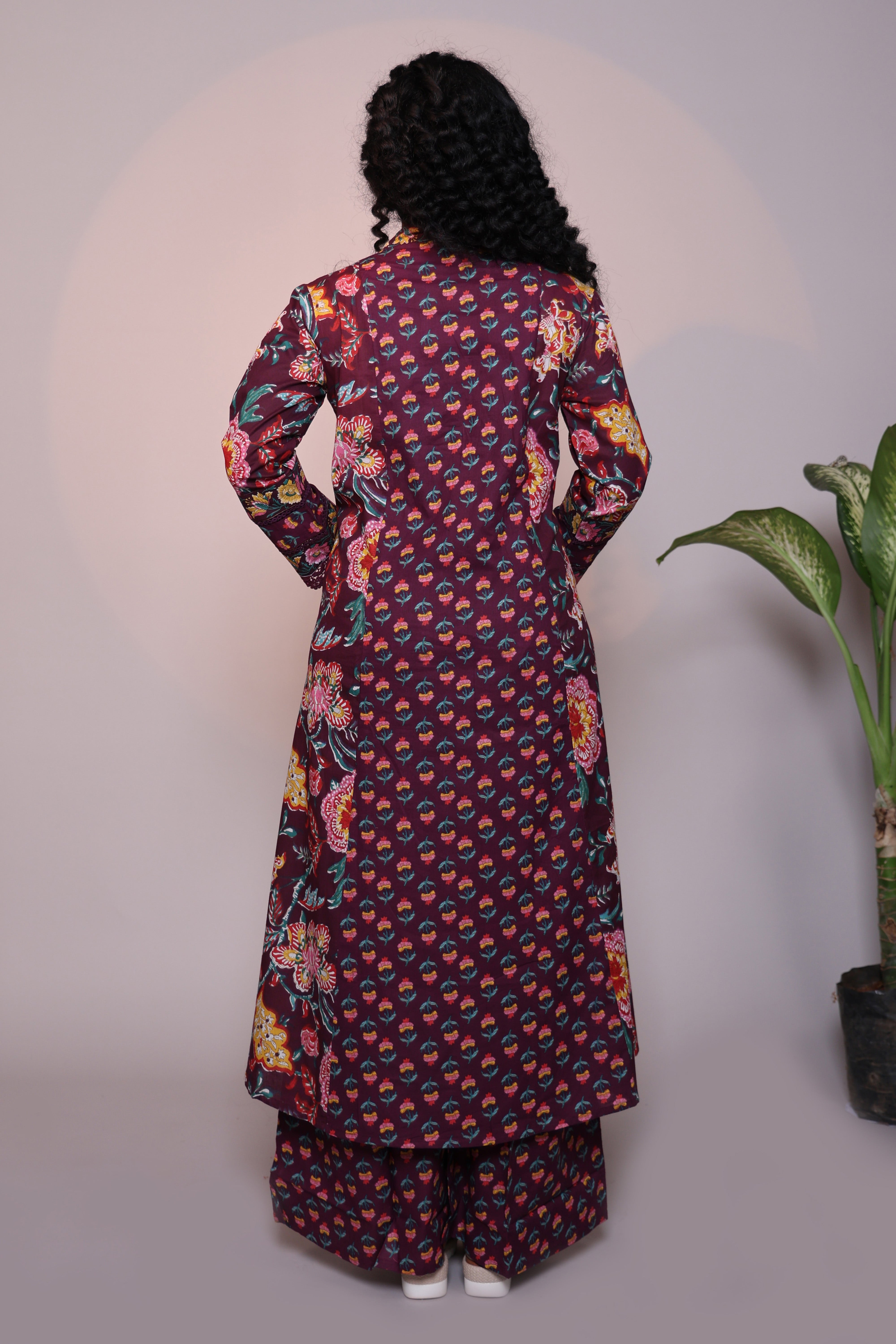 Purple floral design 3/4 slevee salwar suit with matching pant and printed dupatta