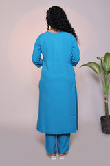 Blue plain 3/4 slevee salwar suit with matching pant and floral printed dupatta