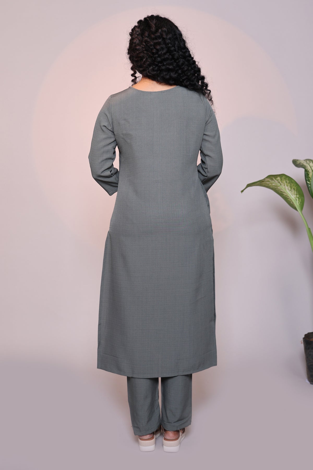 Grey plain 3/4 slevee salwar suit with matching pant and floral printed dupatta