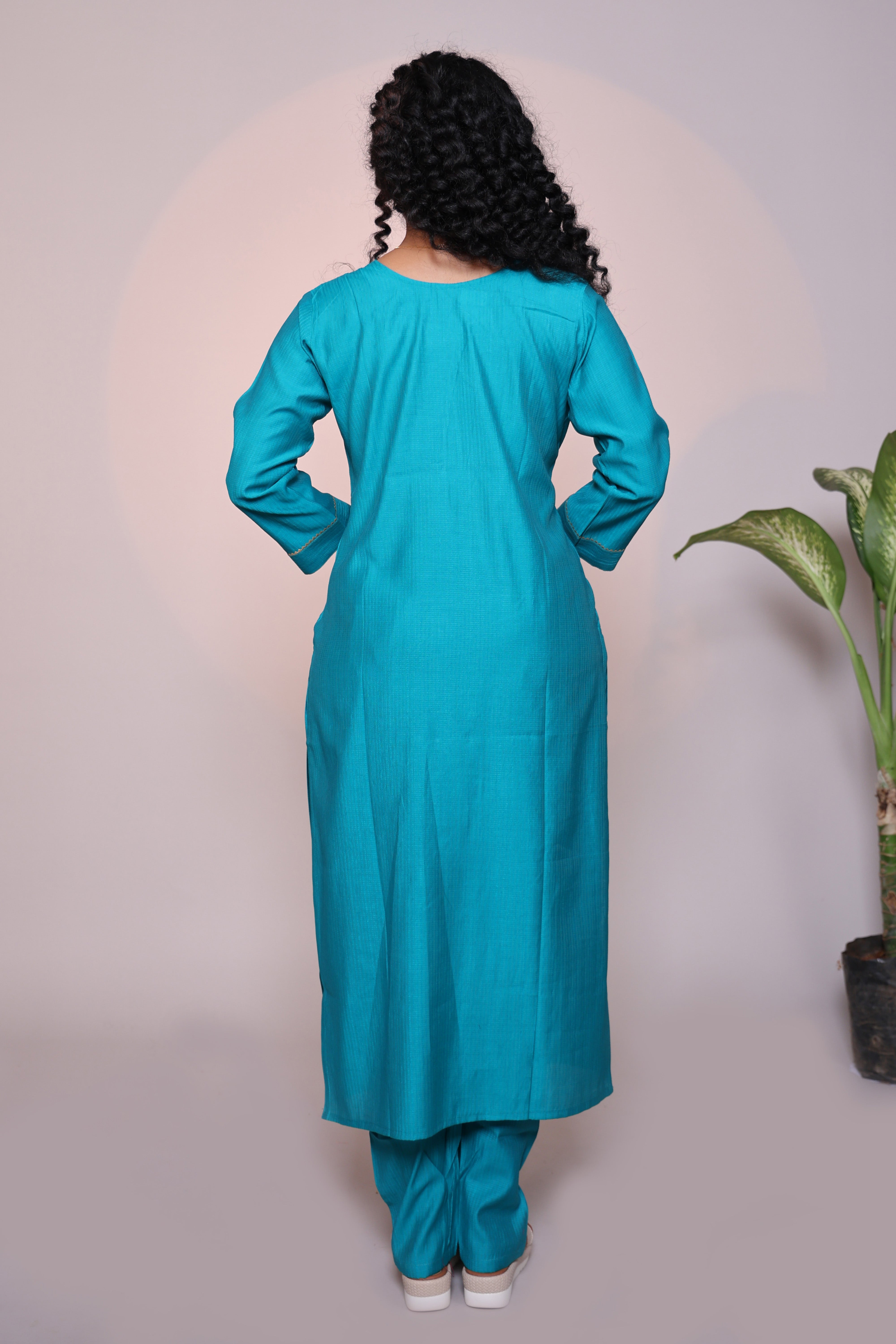 Blue embroidery 3/4 slevee salwar suit with matching pant and floral printed dupatta