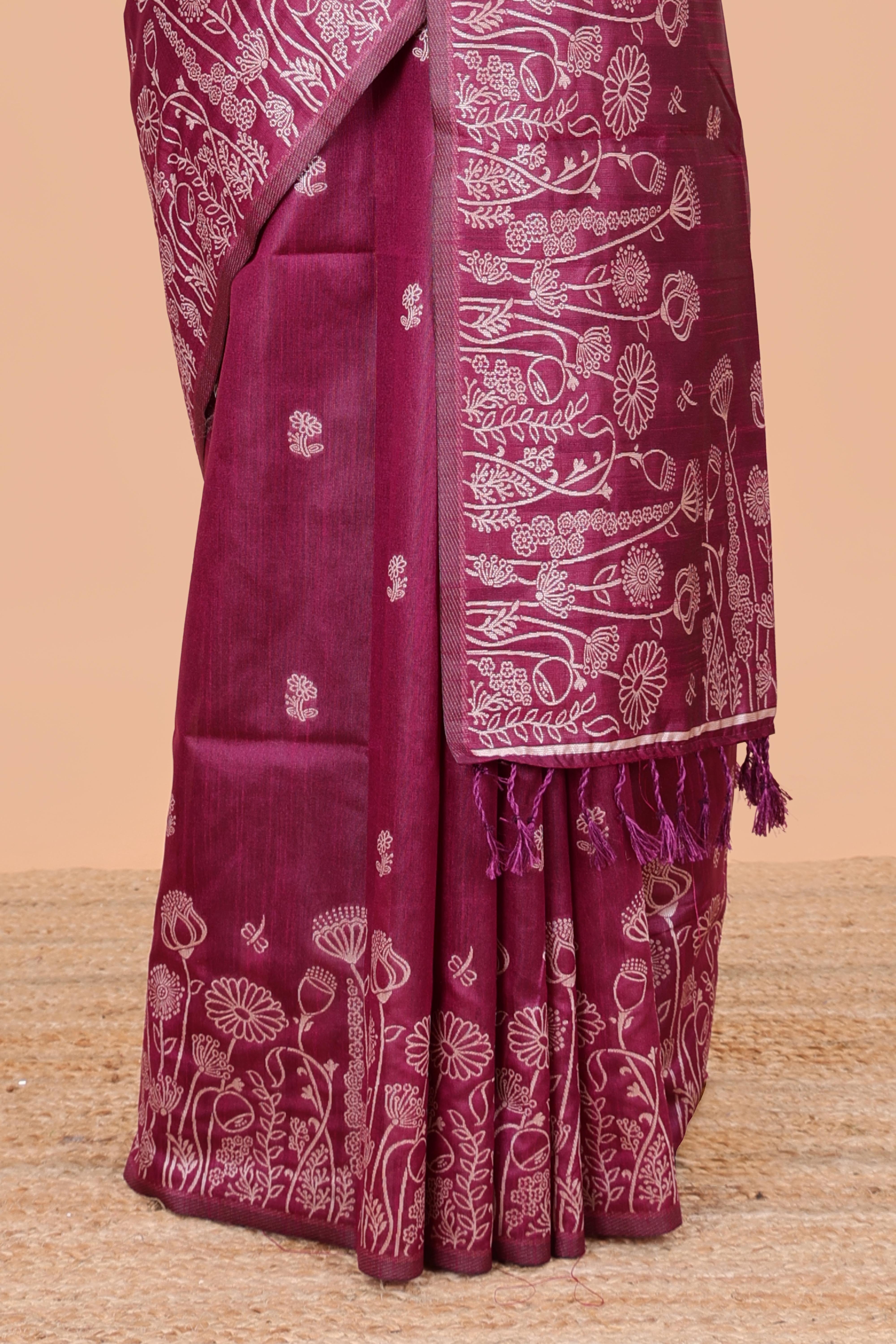 Magenta munga saree with motif border