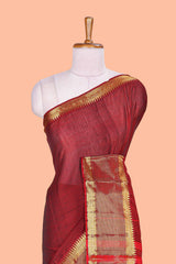 Maroon cotton saree Chettinad style striped pallu