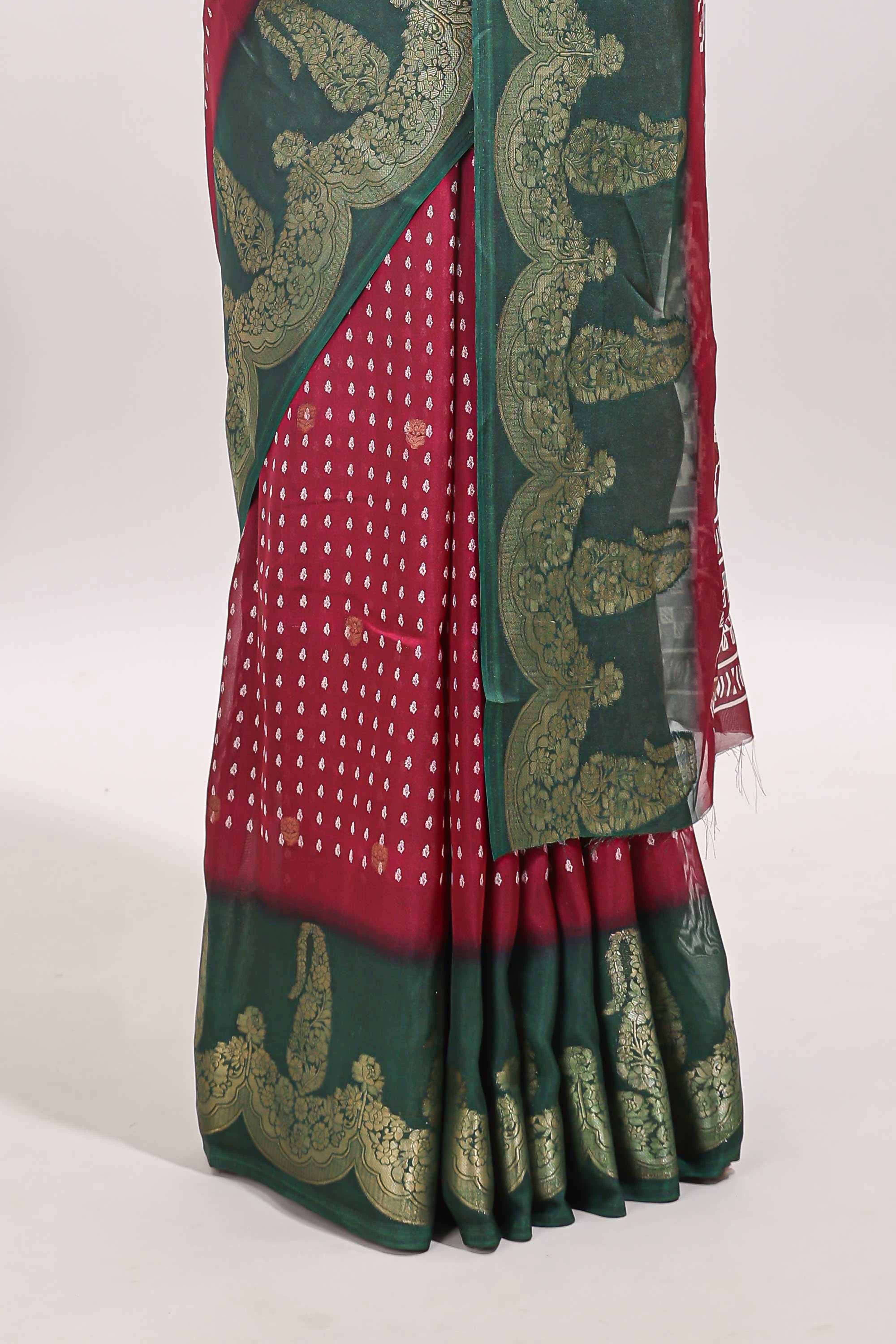 Maroon dola silk contrast border saree