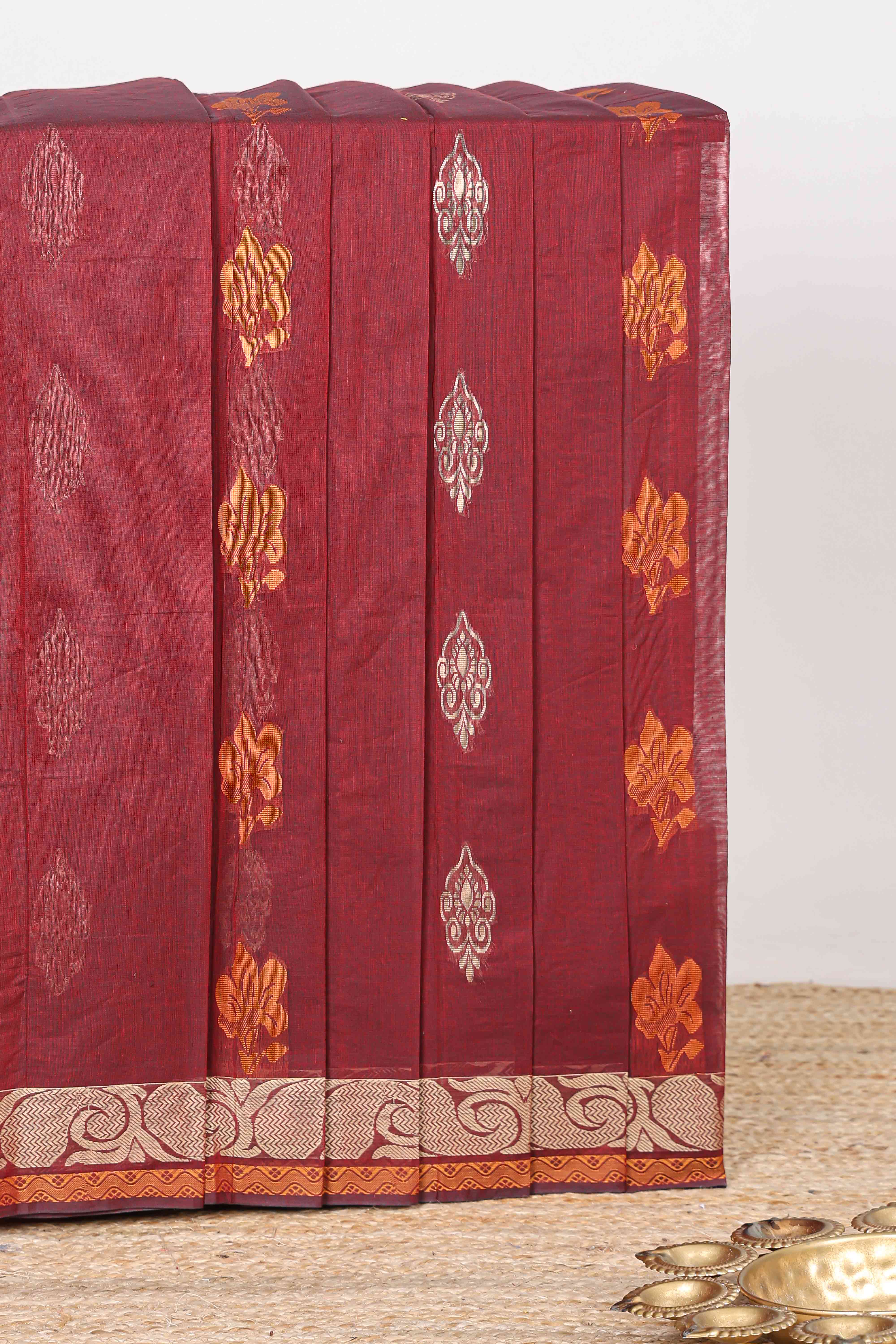 Maroon floral zari butta kanchi cotton saree