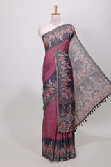 Maroon linen cotton butta saree