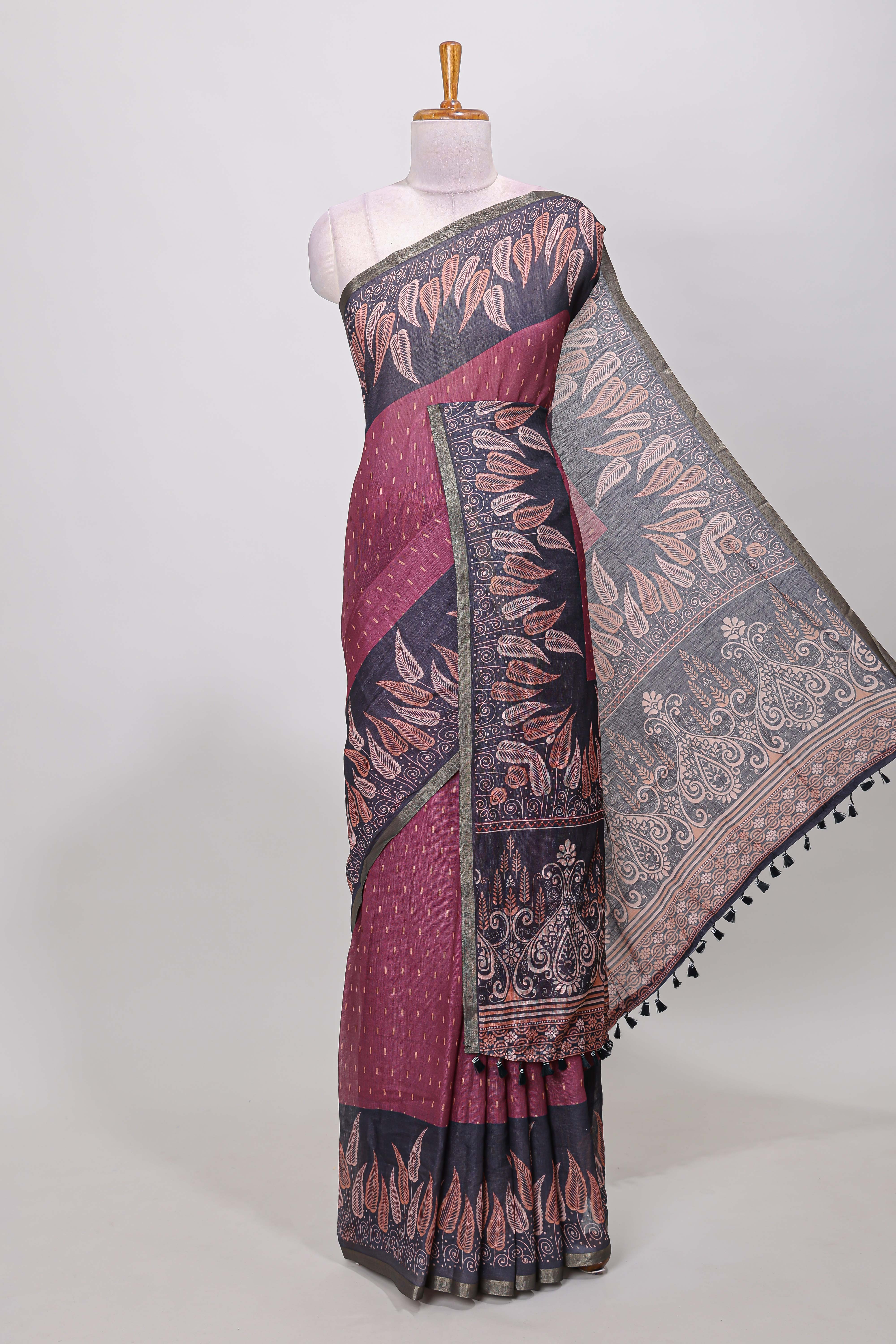 Maroon linen cotton butta saree