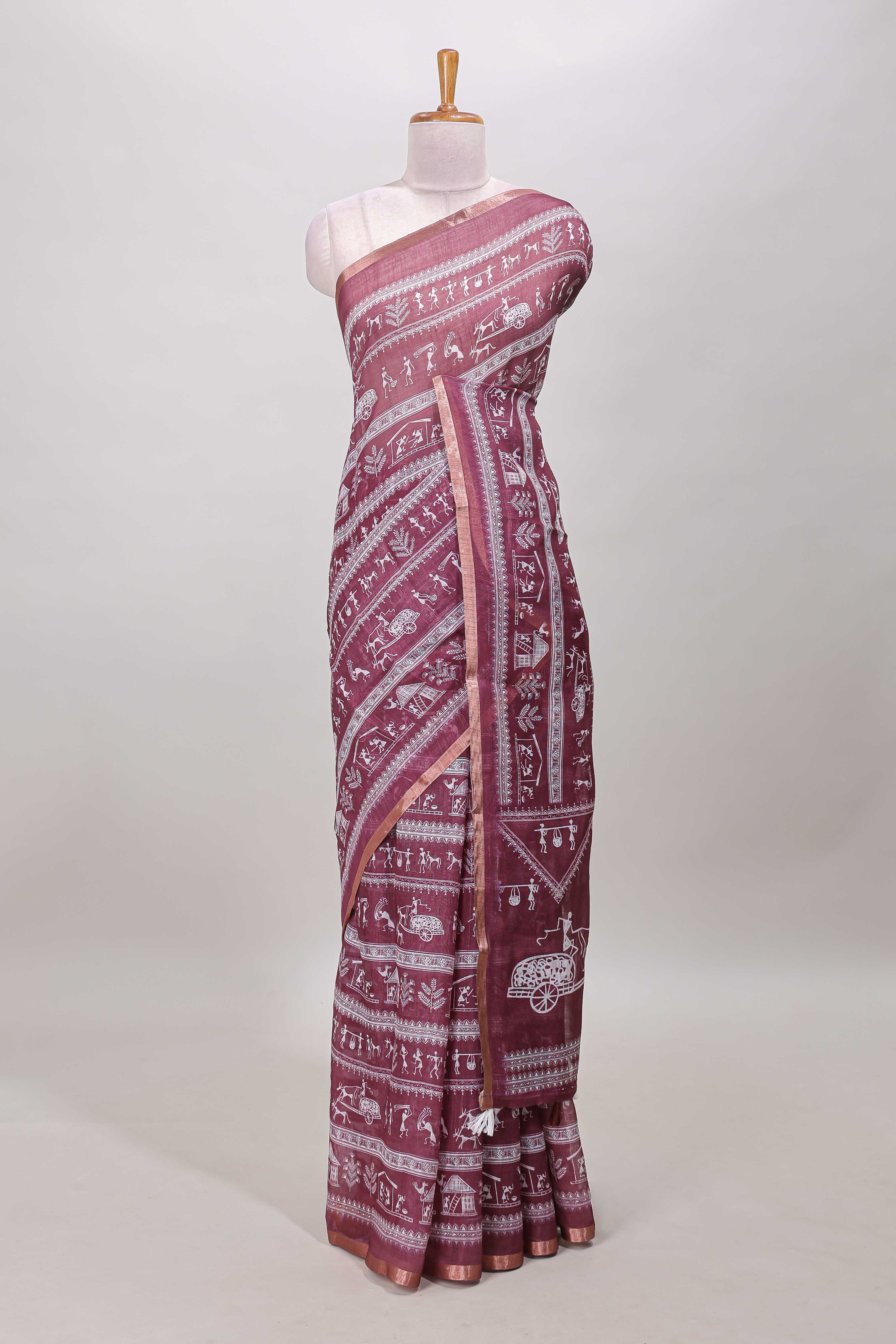 Maroon linen cotton saree