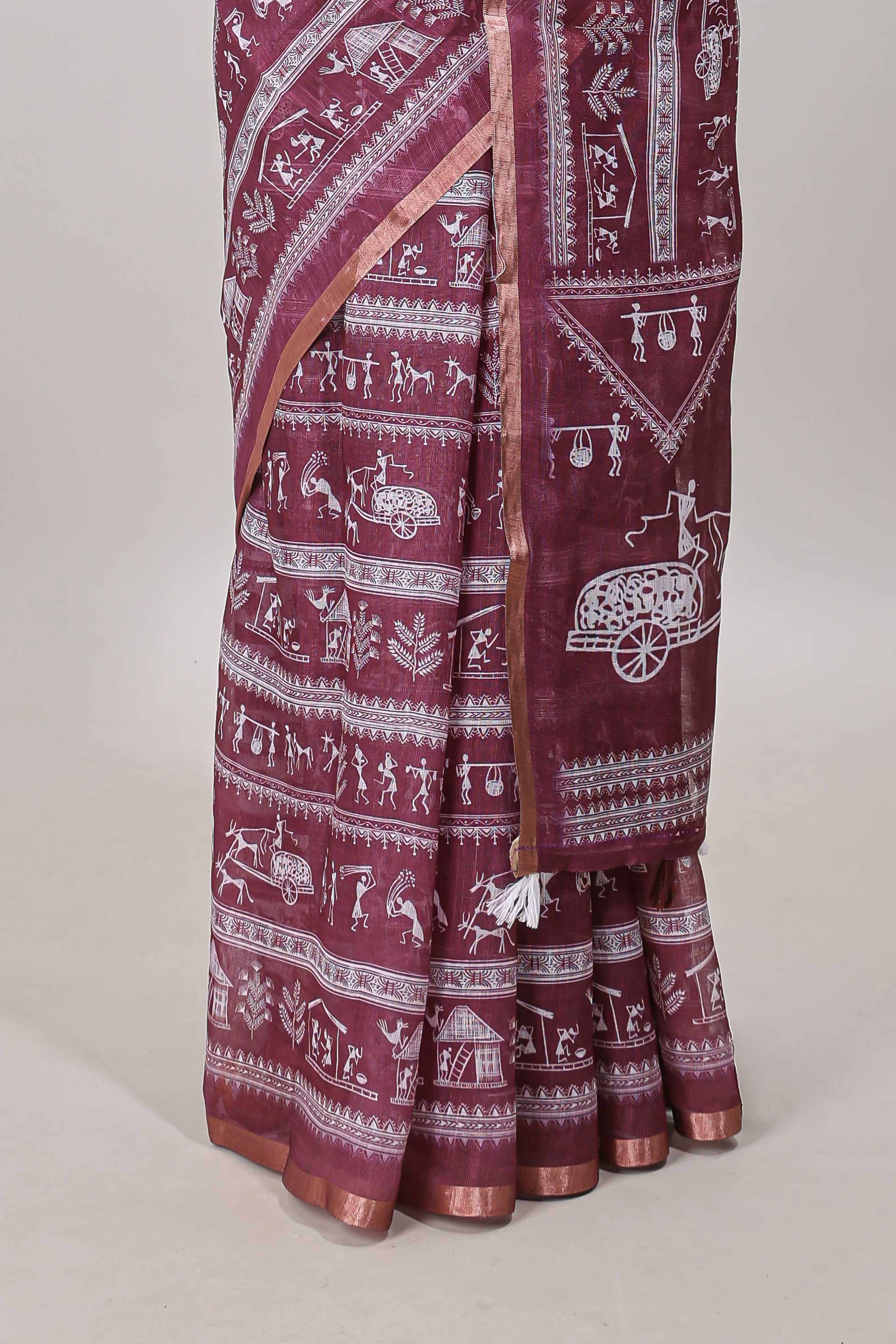 Maroon printed blouse saree