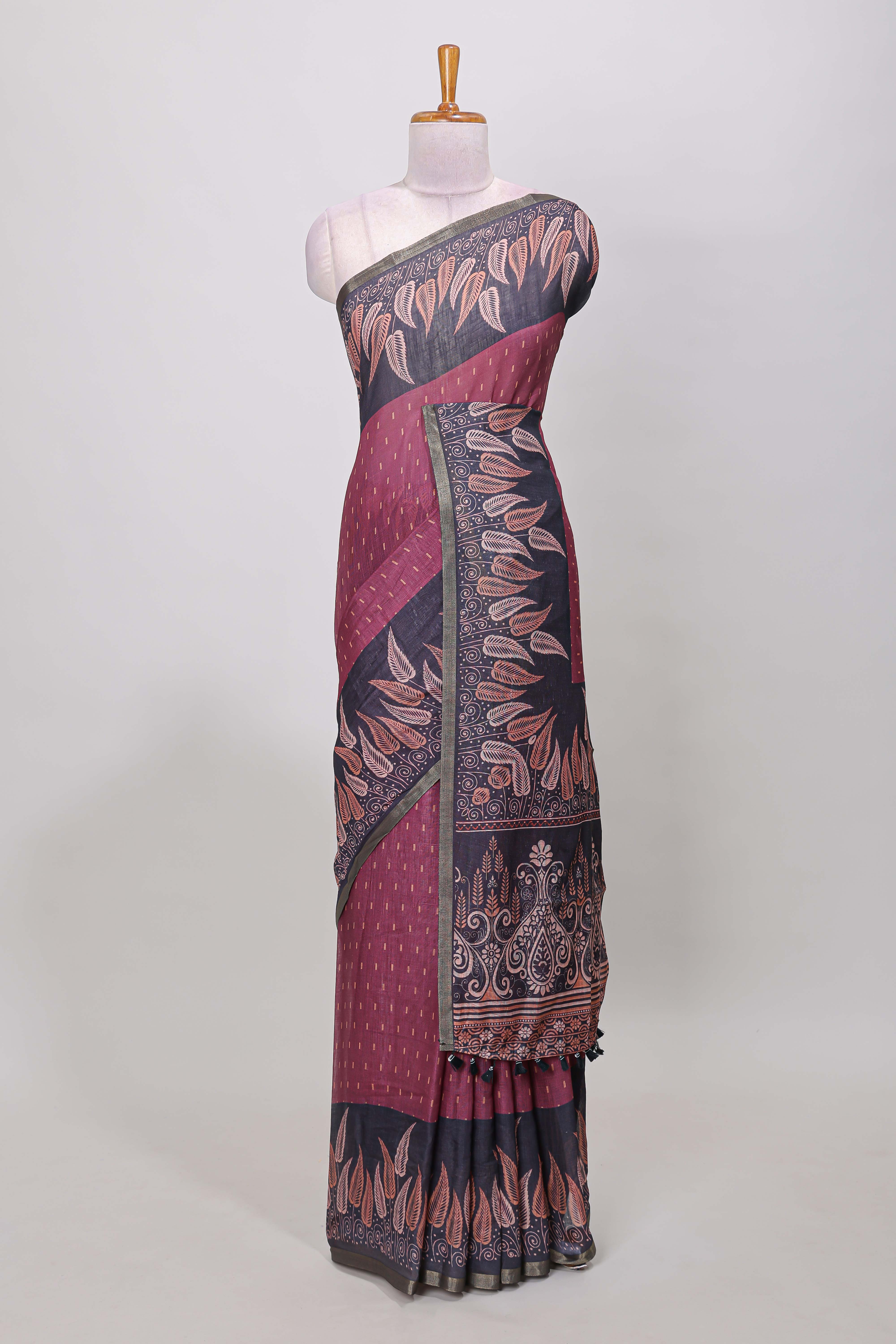 Maroon thread butta linen saree