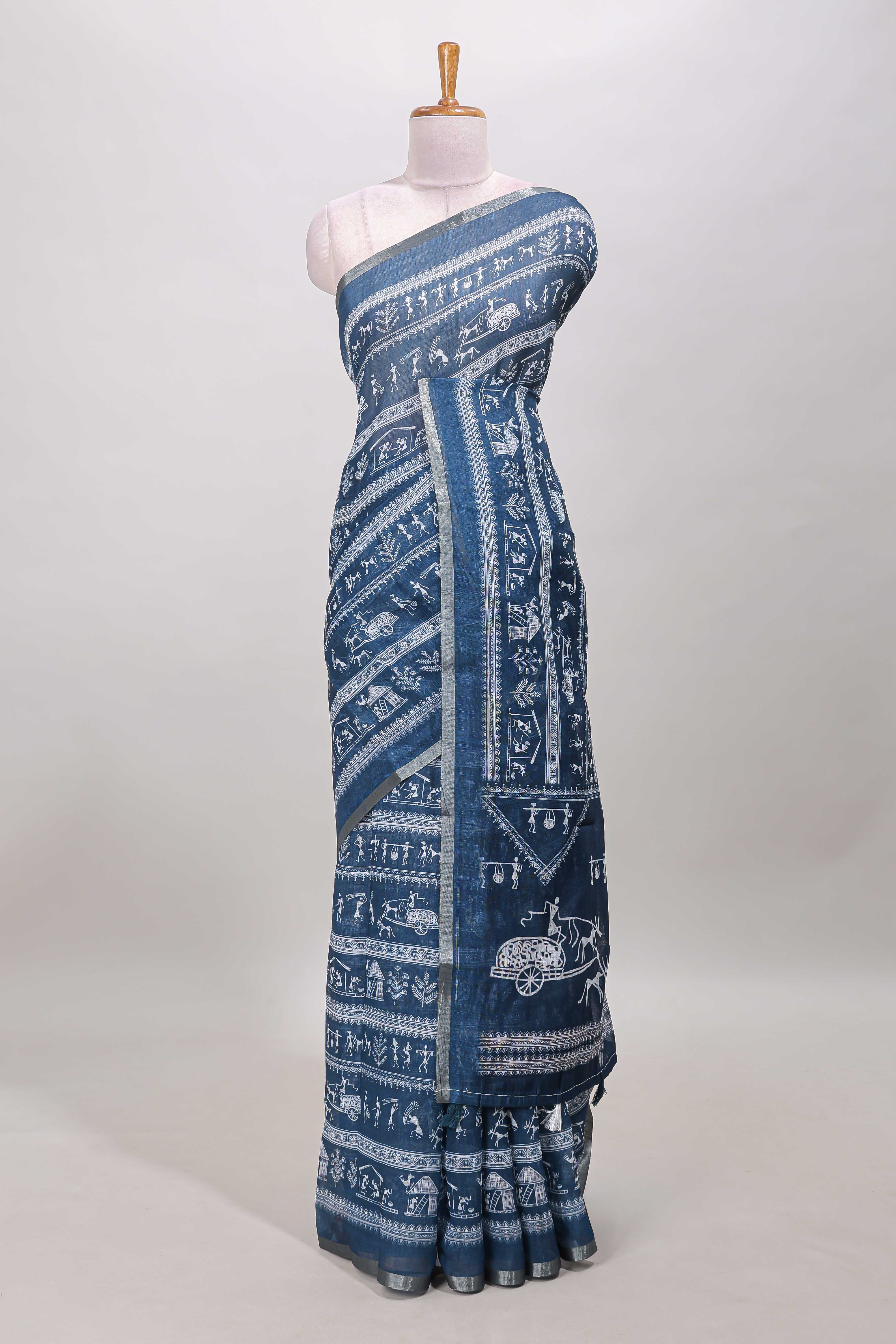 Midnight blue linen cotton saree