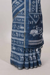 Midnight blue printed blouse saree