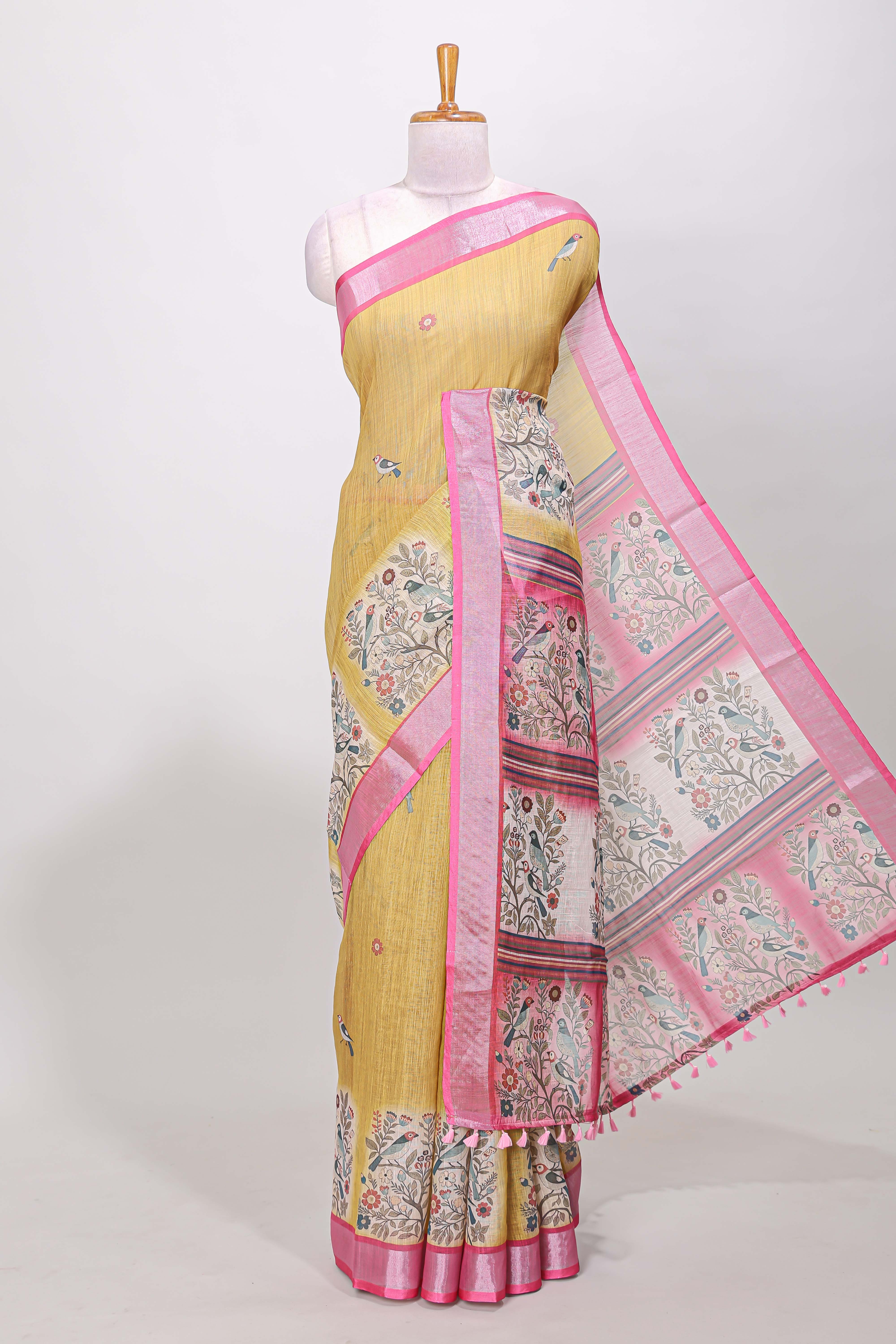 Mustard linen cotton weave saree