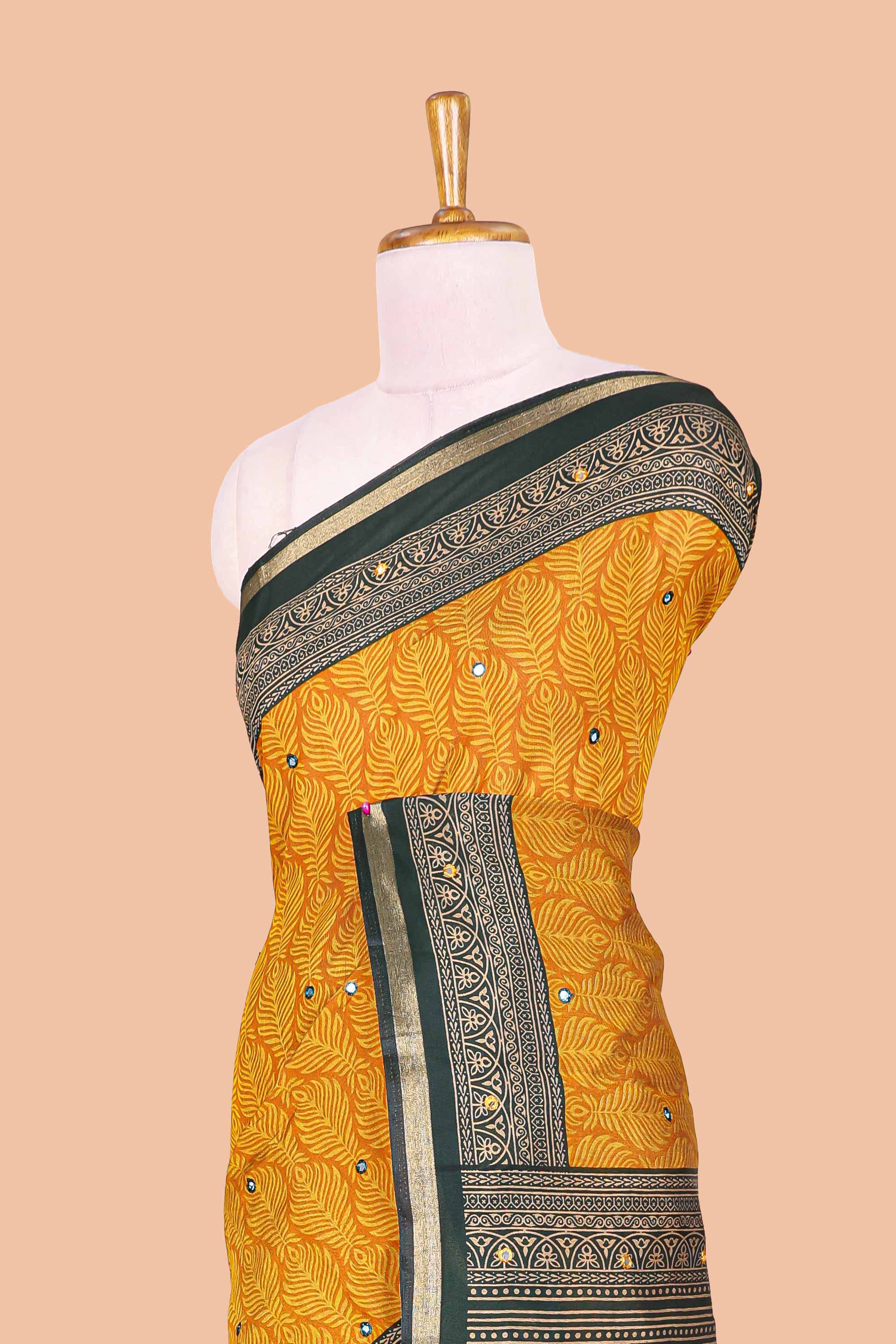 Mustard peacock print chanderi saree