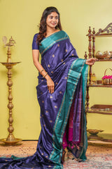 Navy blue semi soft silk zari butta saree