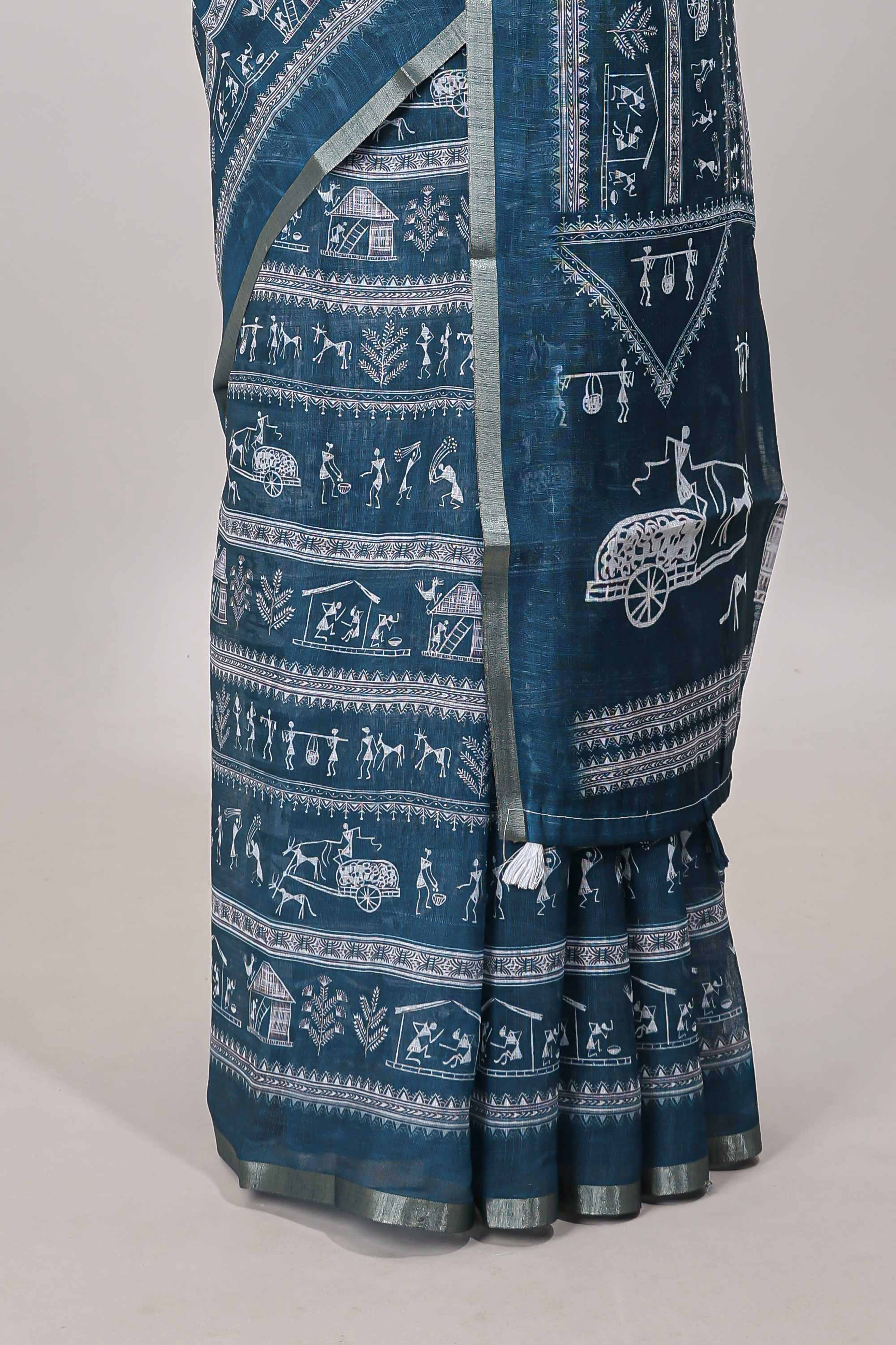 Ocean blue printed blouse saree