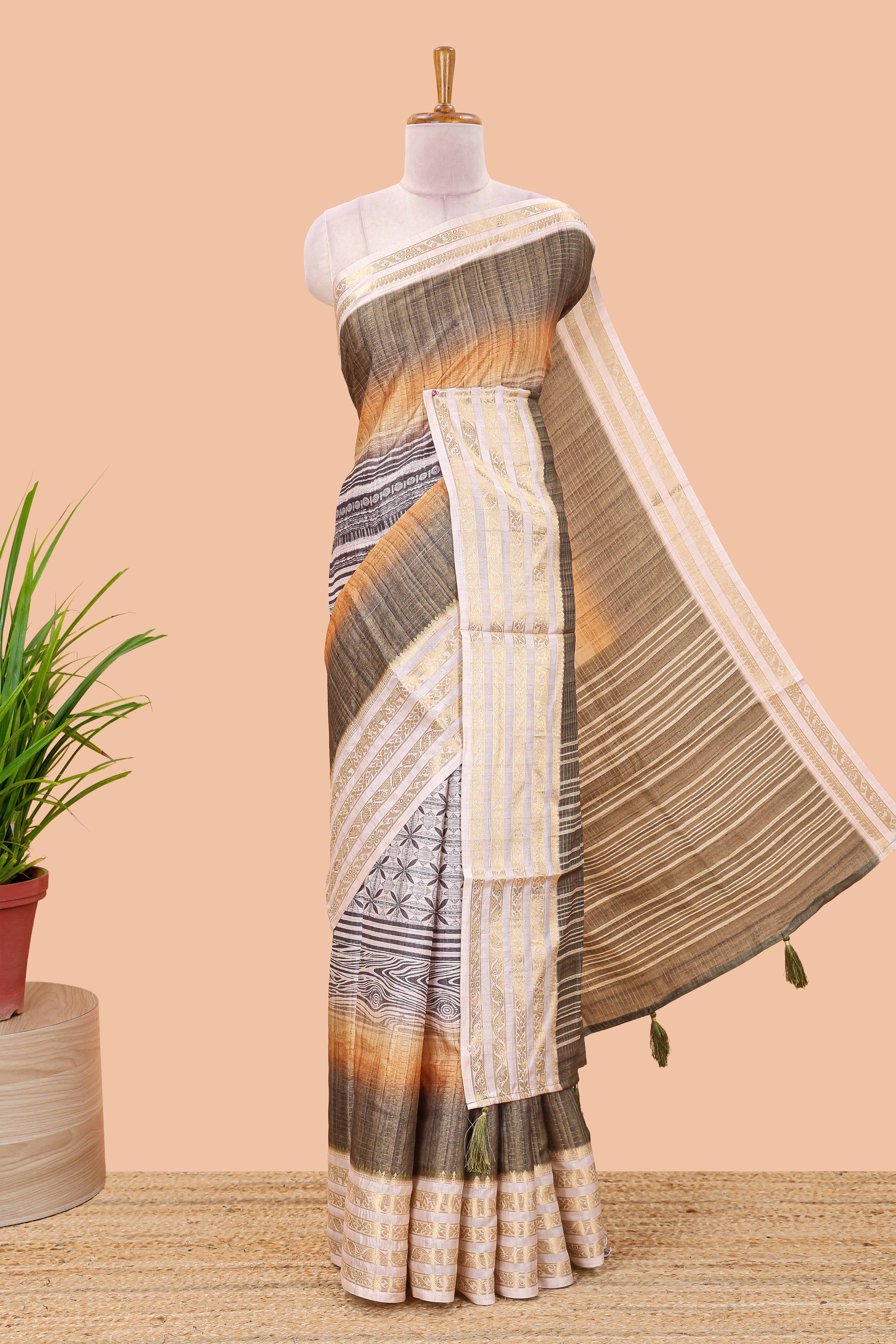 Olive green dola silk block print saree