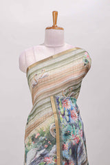Olive green linen cotton saree with swan print